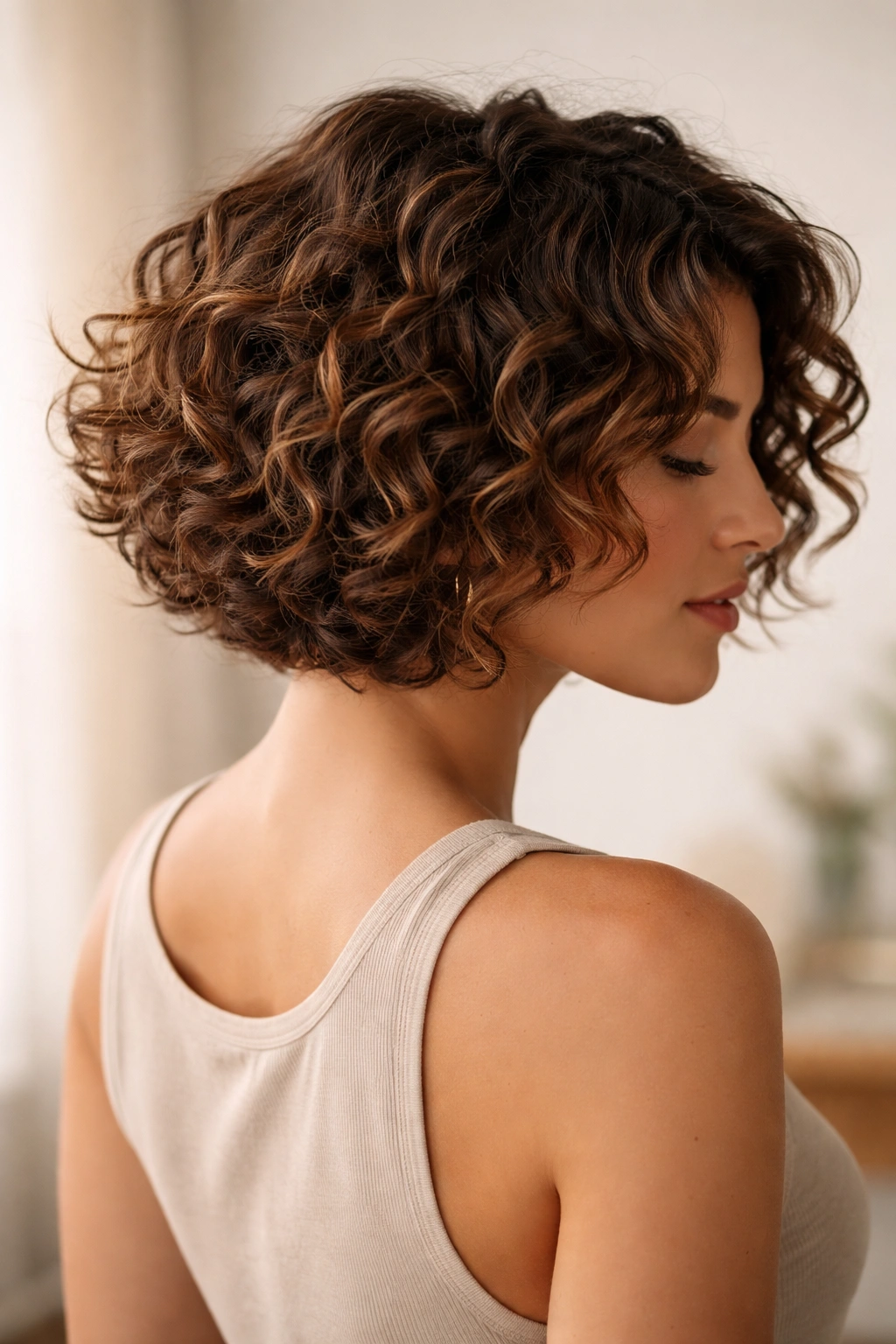 Close-up of curly bob silhouette with balanced volume and texture