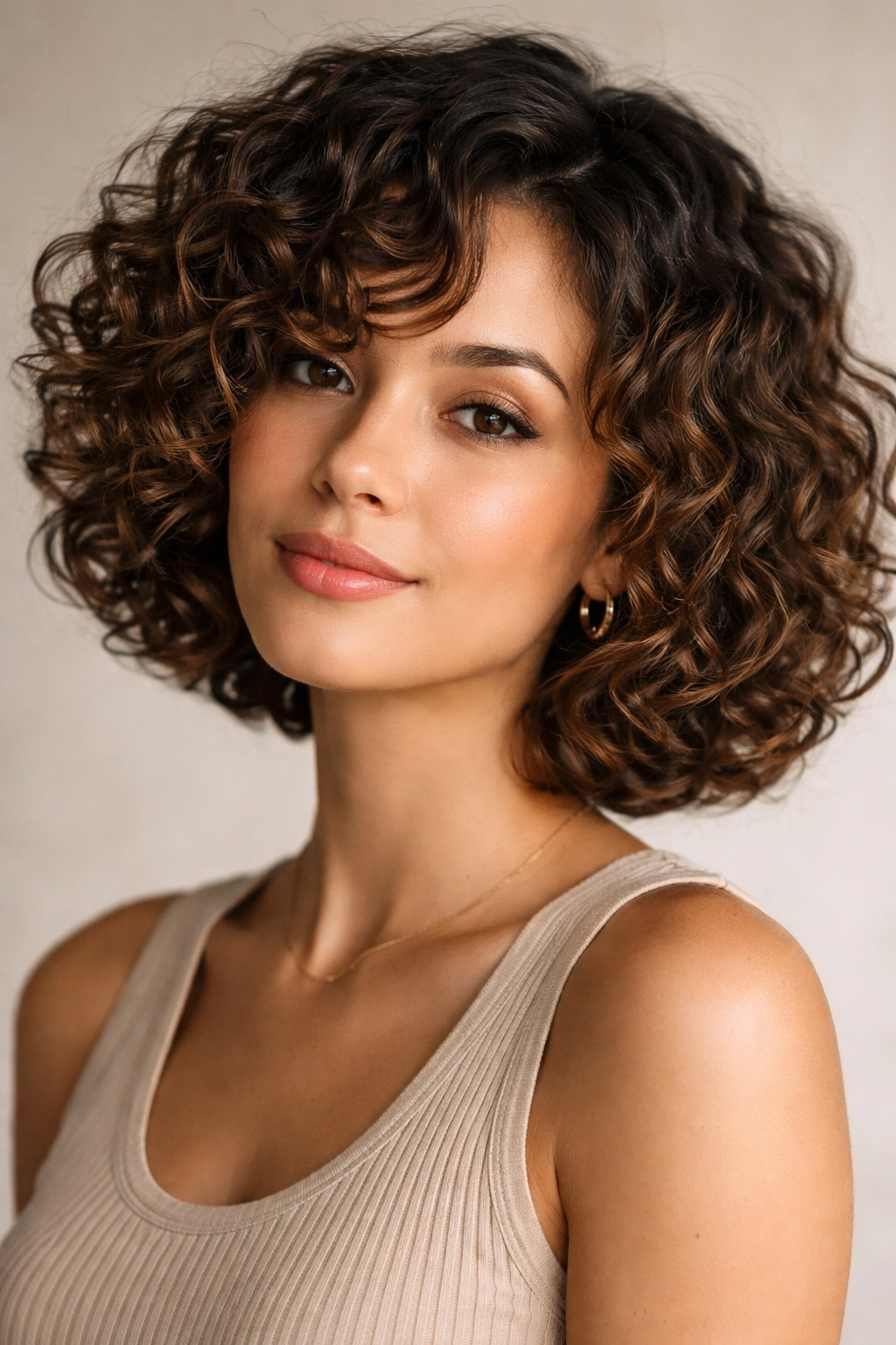 Close-up portrait of a person with a short curly bob showing defined curls and volume
