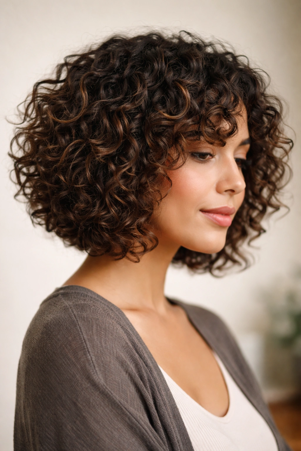 Close-up of a curly bob with defined curls and soft layers