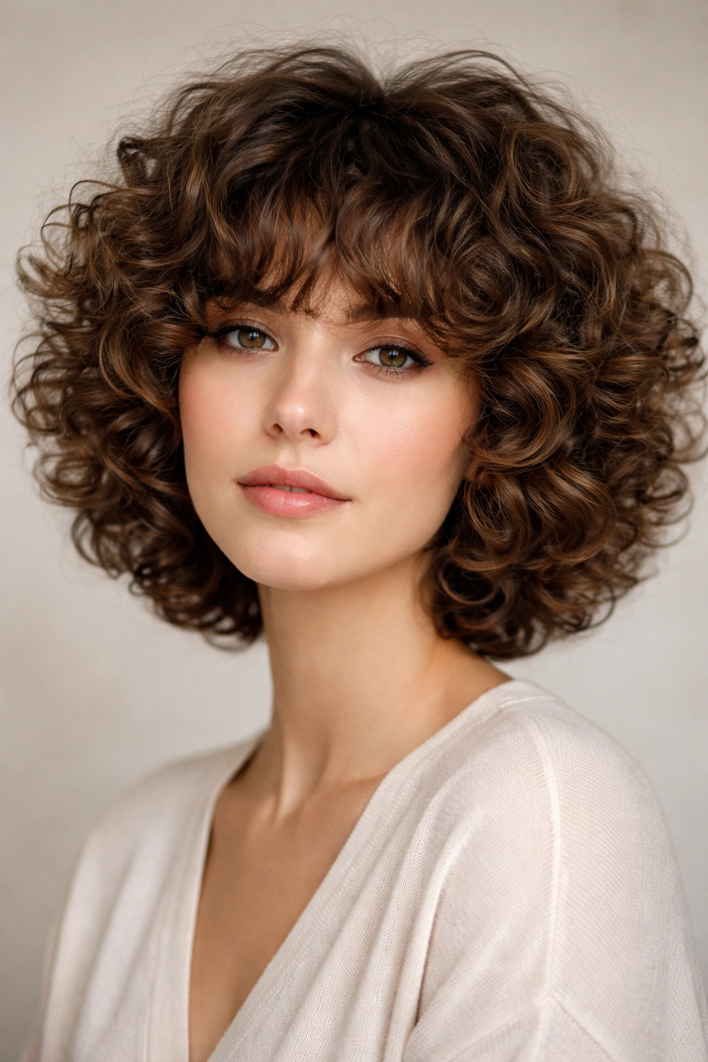 Close-up of curly bubble cut with soft bangs and voluminous crown