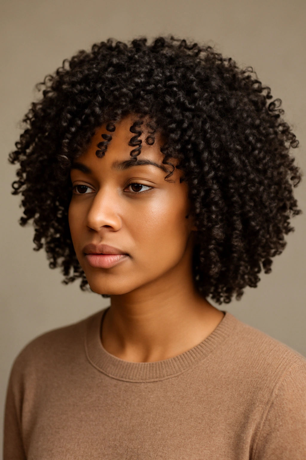 Close-up portrait of curl-defined hair styled with curl-cut technique