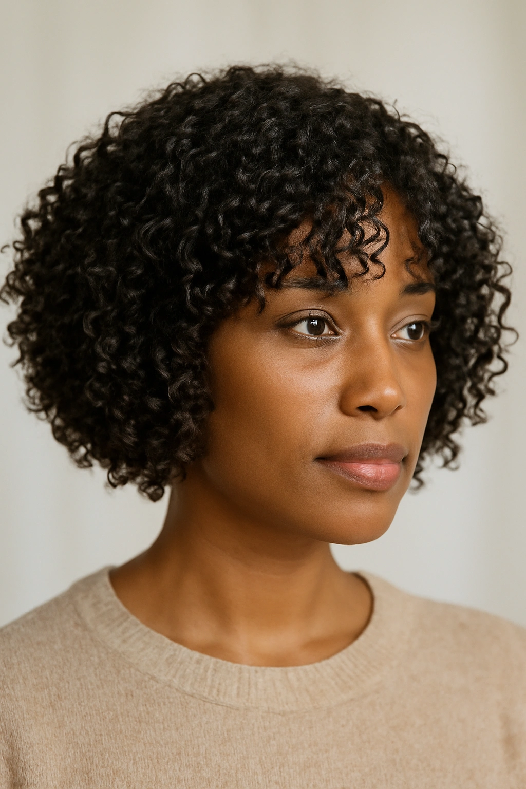 Close-up of a curly defined bob for coily hair showing tight curls and layering