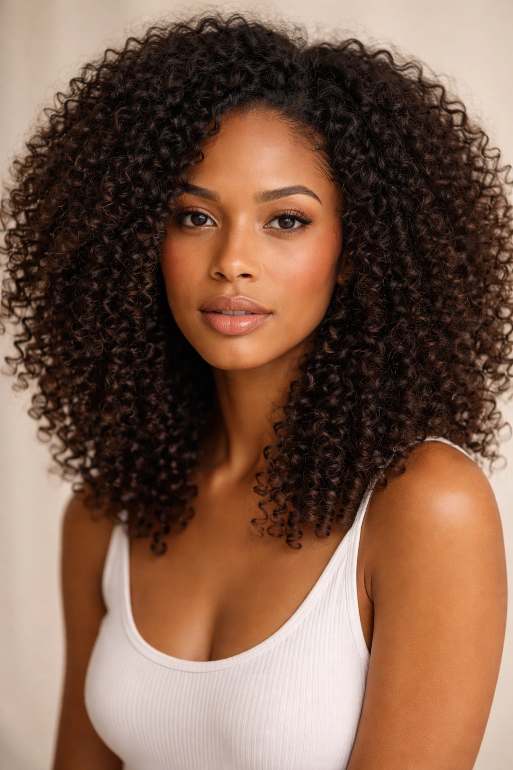 Model with curly/coily hair emphasizing width at the sides