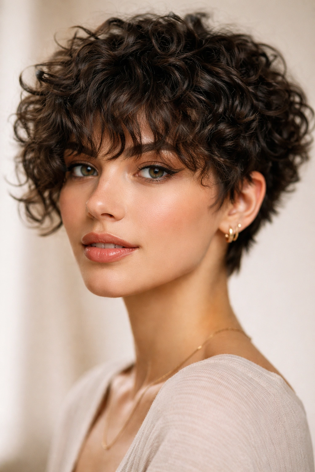 Portrait of a person with a short curly crop and long bangs framing the face.