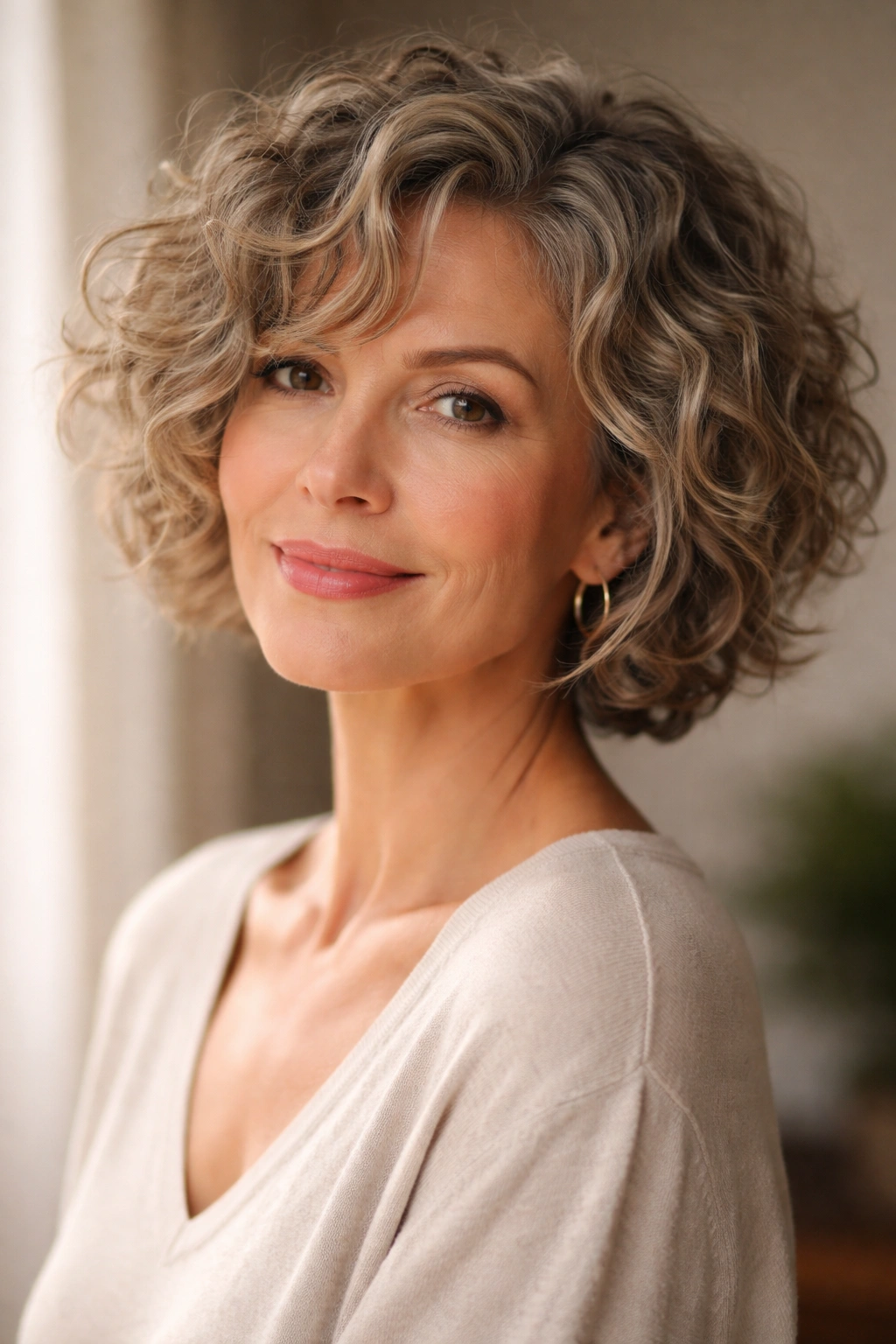 Tousled chin-length curly crop with loose natural curls and texture