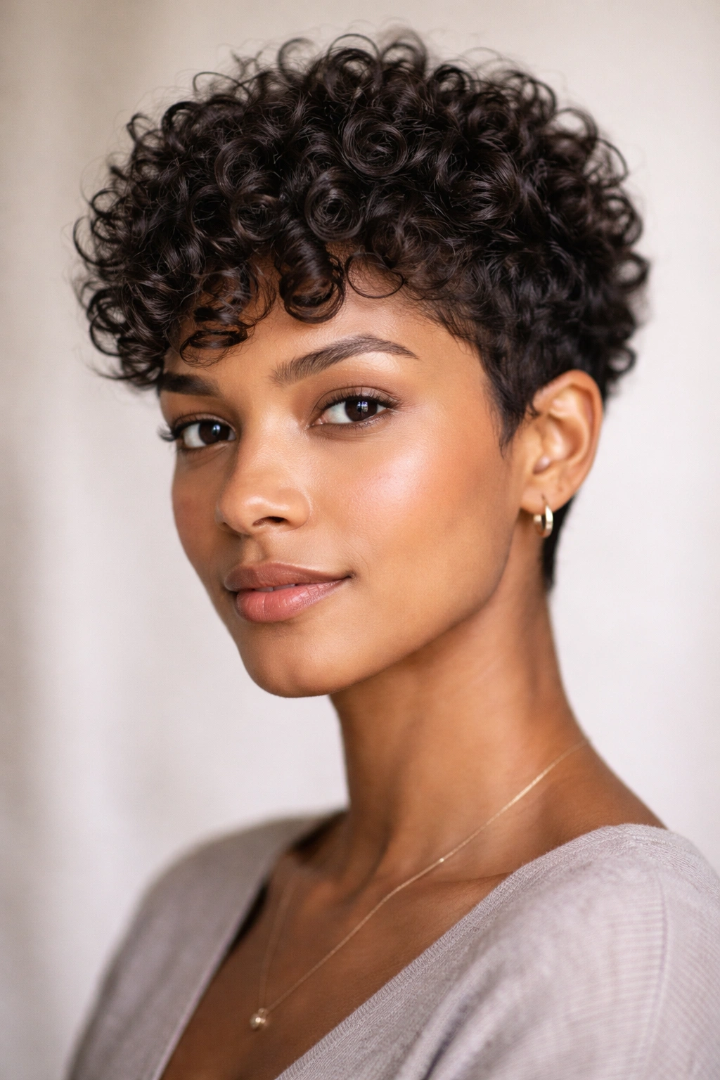 Close-up of a person with a curly cropped hairstyle and defined curls