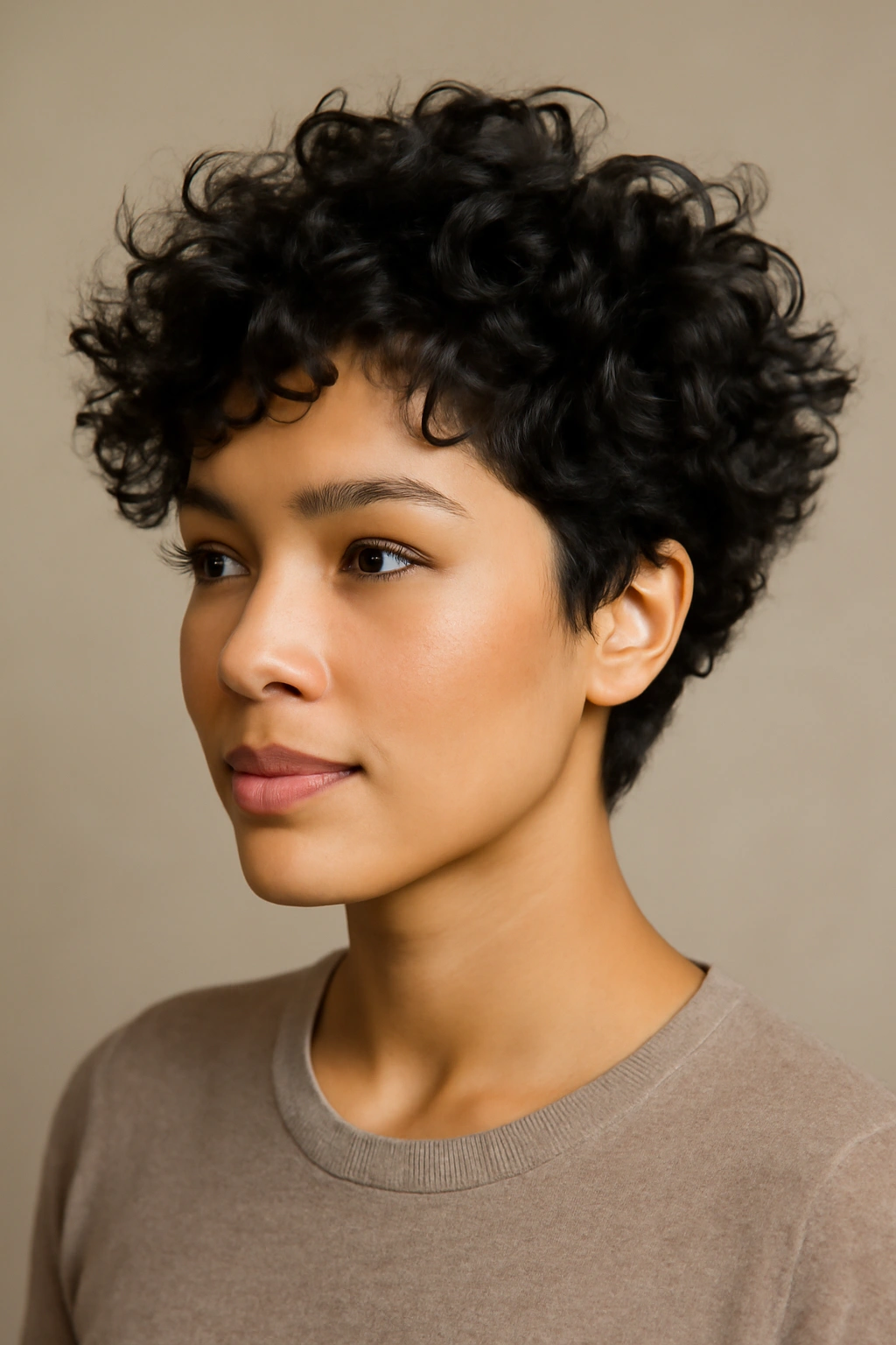 Latina woman curly crop kick-out showing outward curls and width