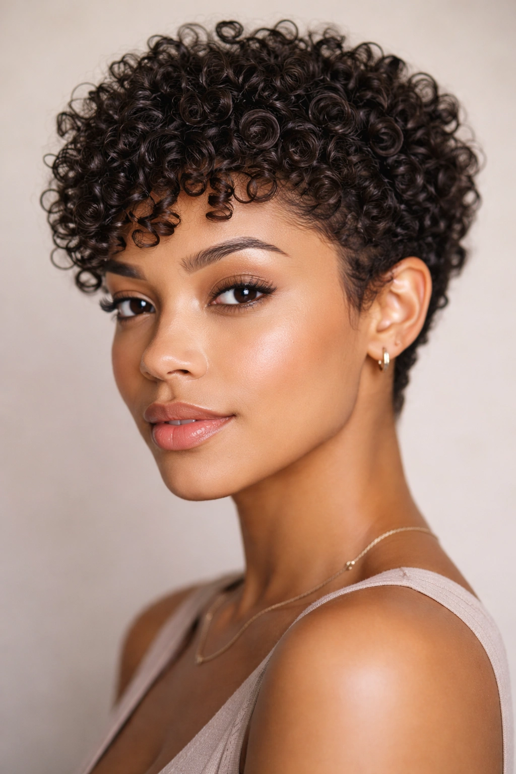 Close-cropped curly hairstyle with defined curl separation