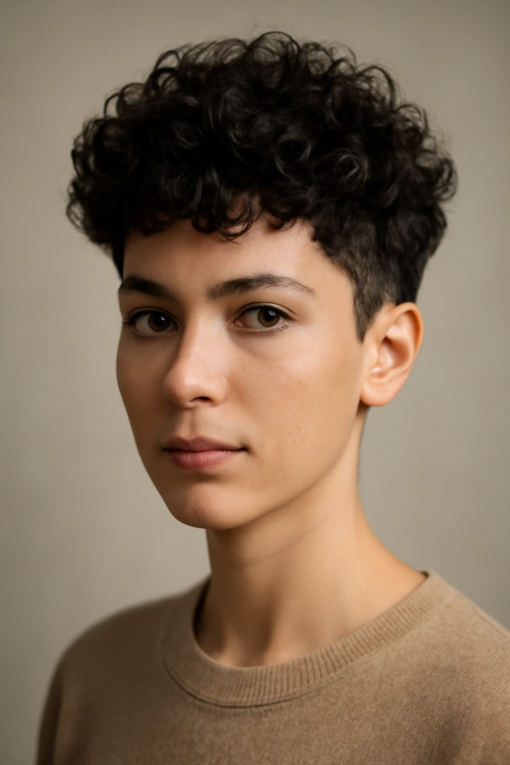 Curly crop with volume hairstyle showing defined curls at the crown