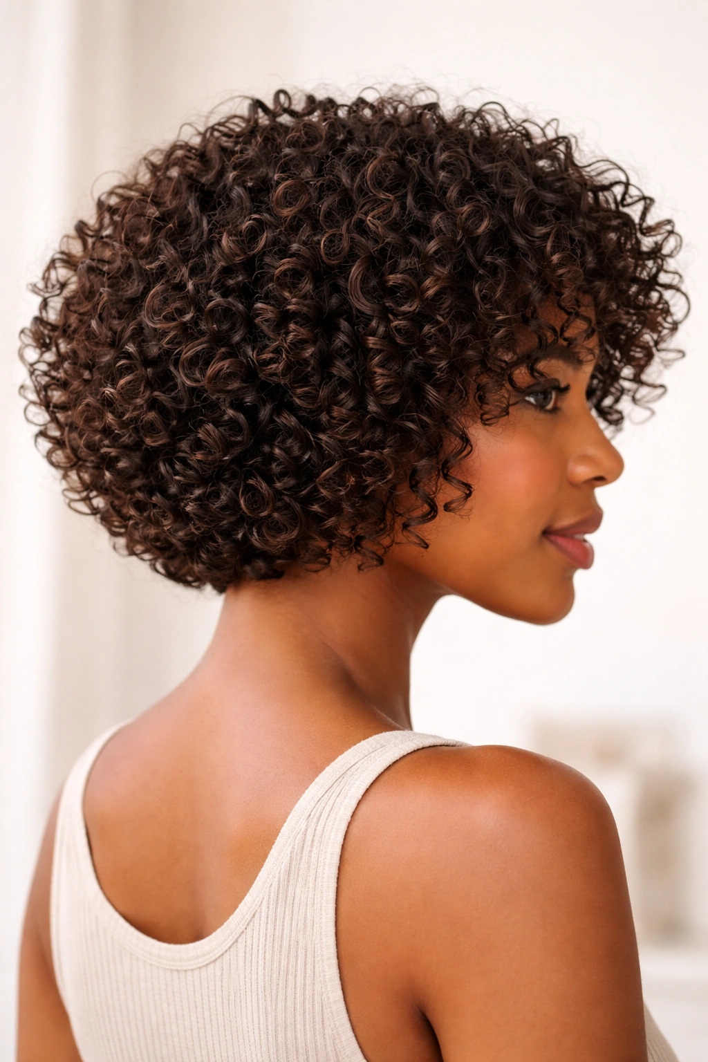 Curly cropped bob on coilies with defined curls and interior layering.