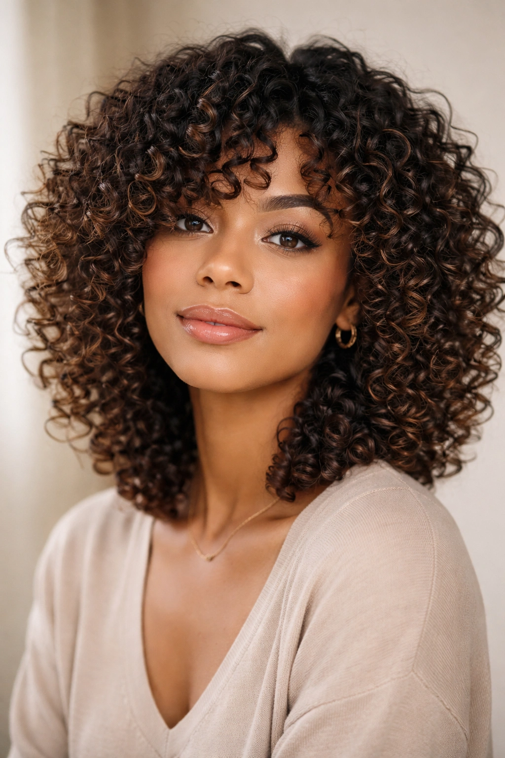Close-up of defined spiral curls with curl-aware layers Type 3 Curls