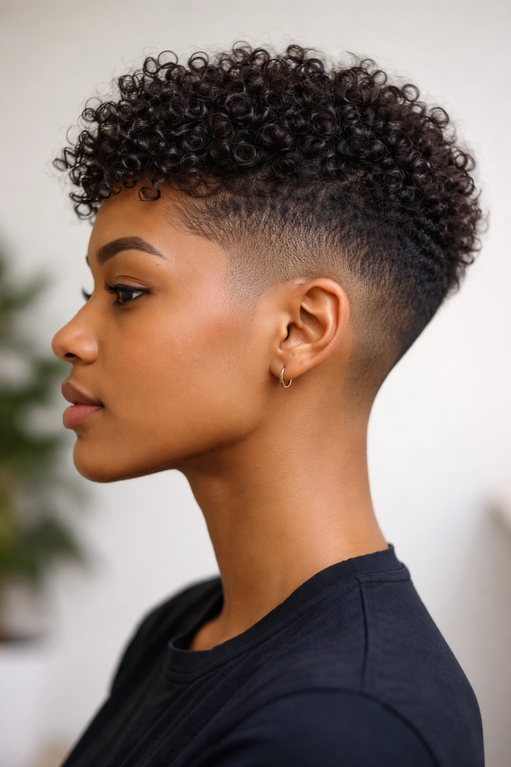 Profile of a person with cropped curly fade showing sharp contrast