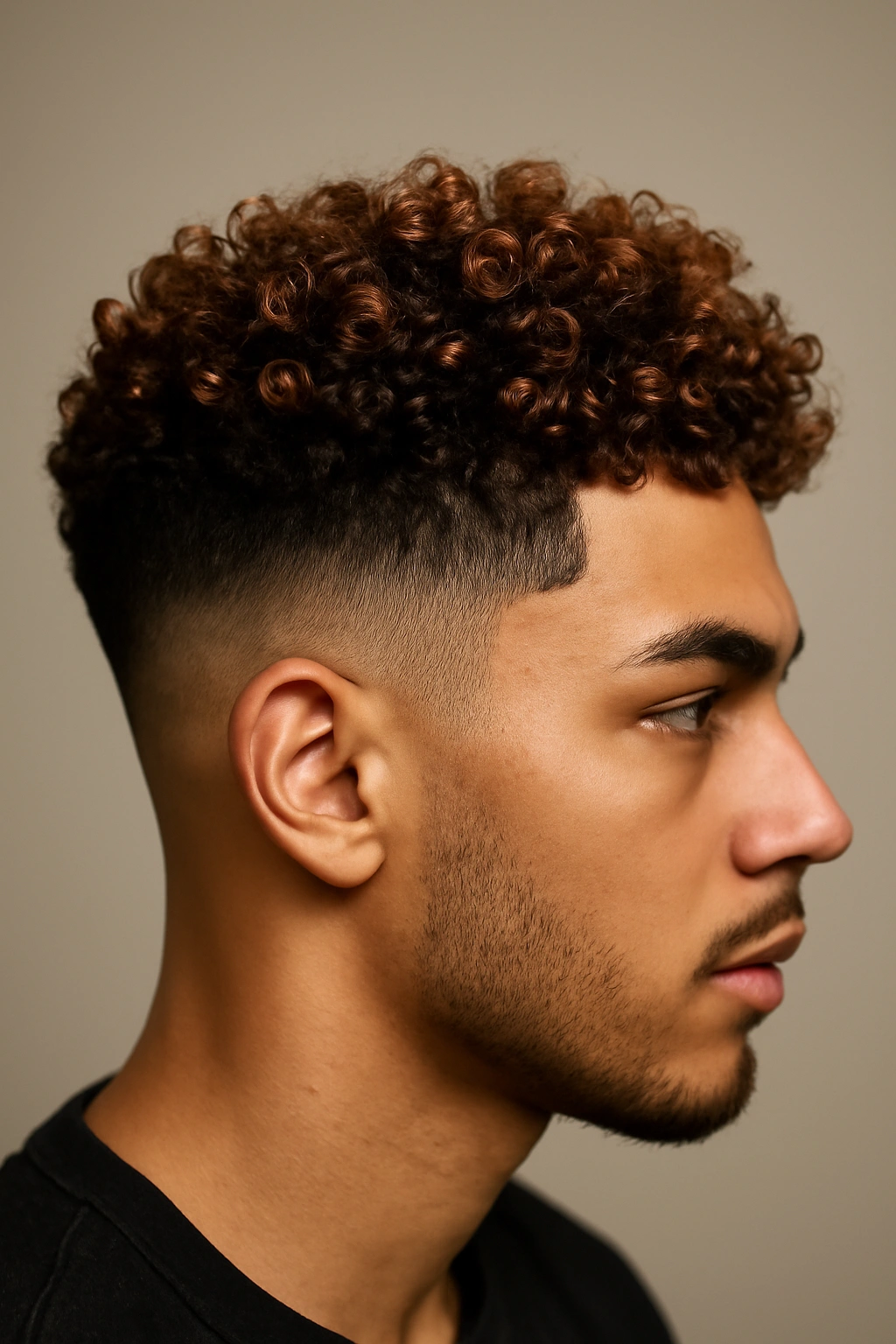 Close-up of curly fade with copper ombre
