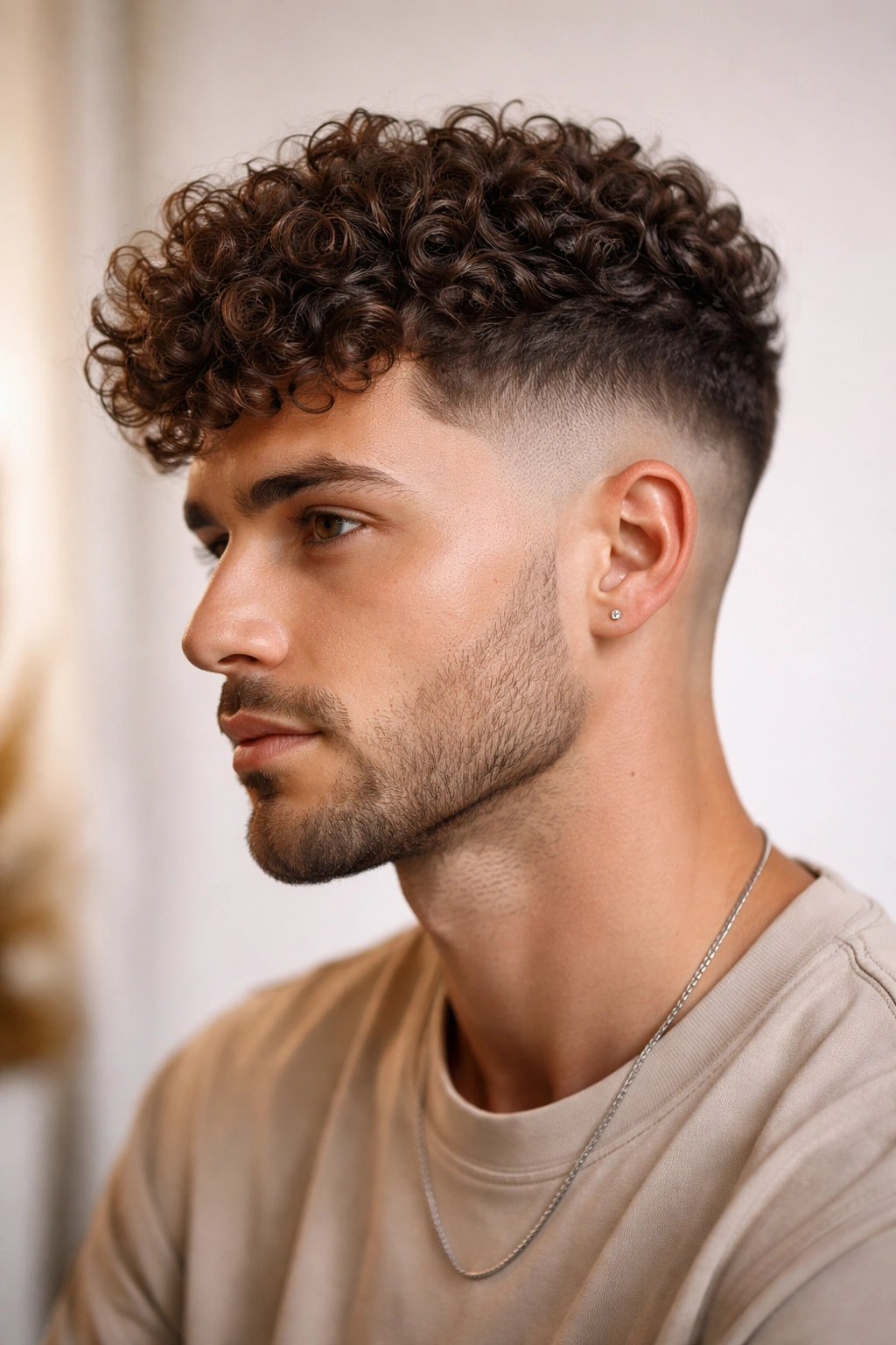 Curly fade hairstyle with full textured curls on top and faded sides