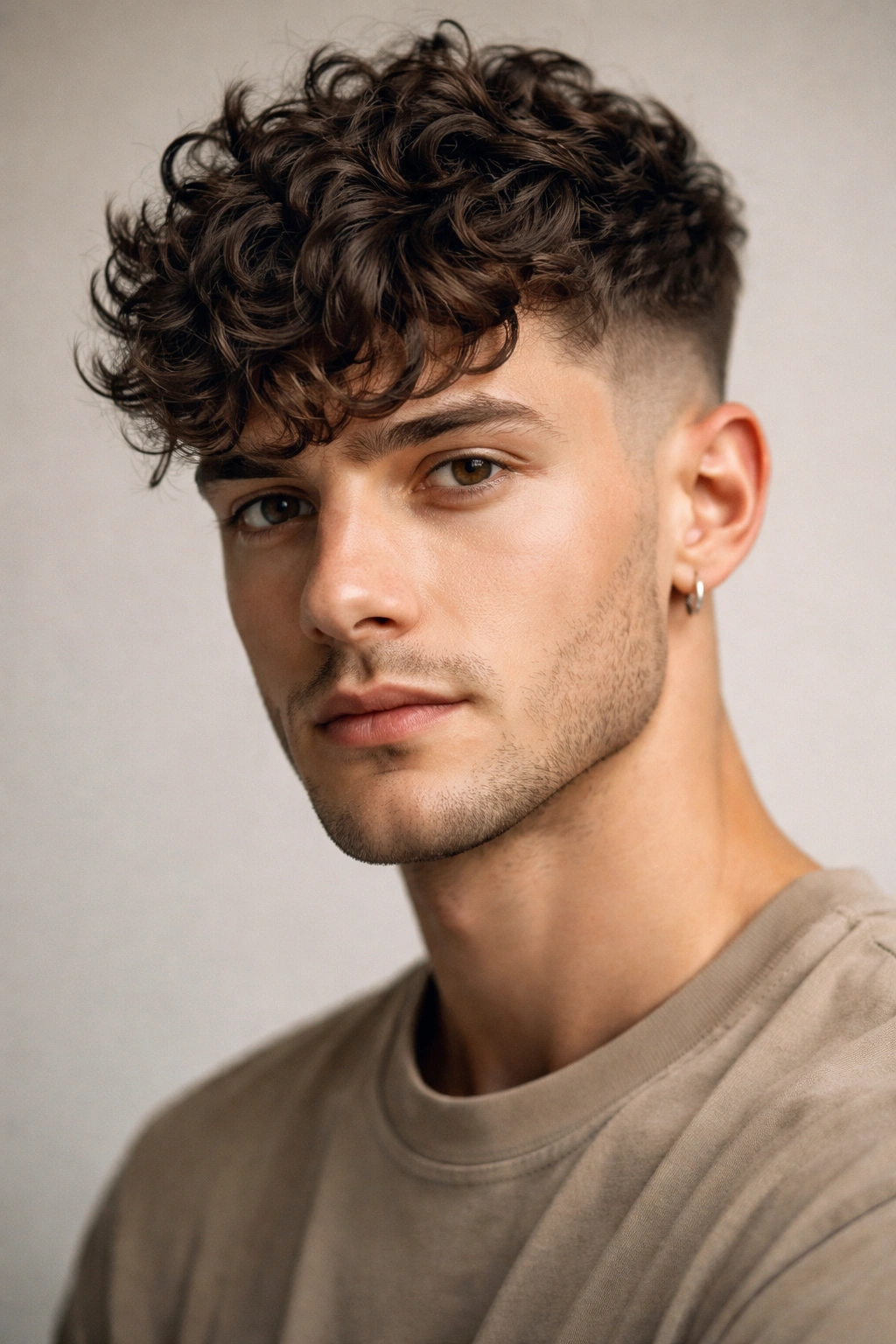 Front-view portrait of The Curly French Crop highlighting the front fringe curls