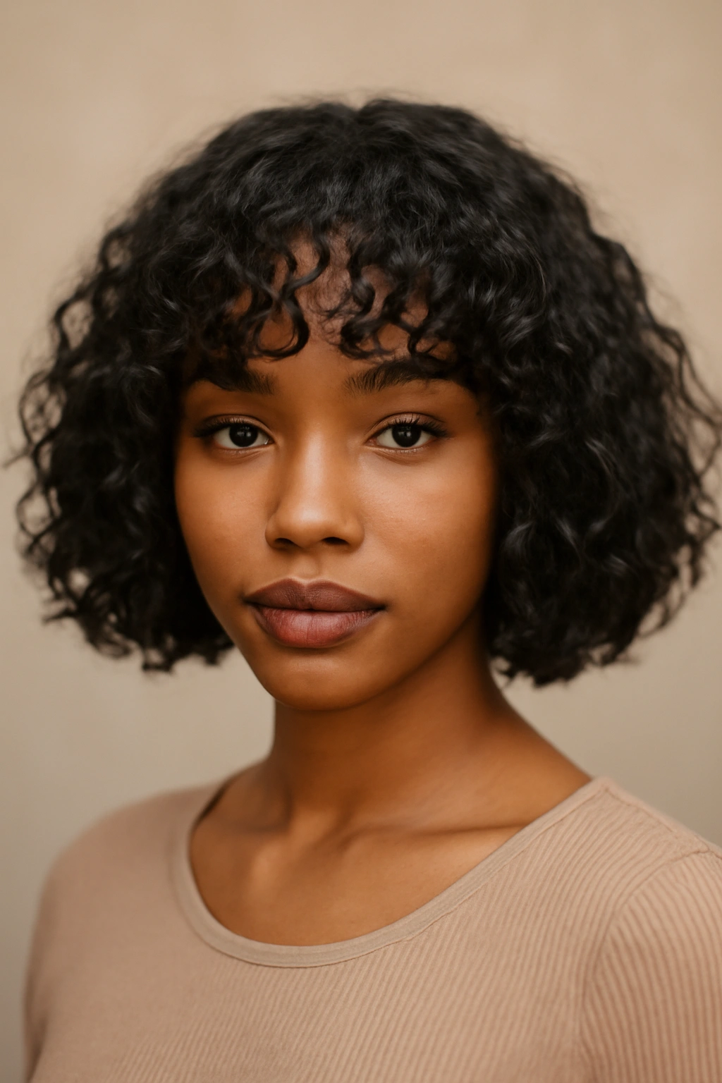 Portrait of The Curly Fringe Bob showcasing front curly bangs with a structured bob behind.
