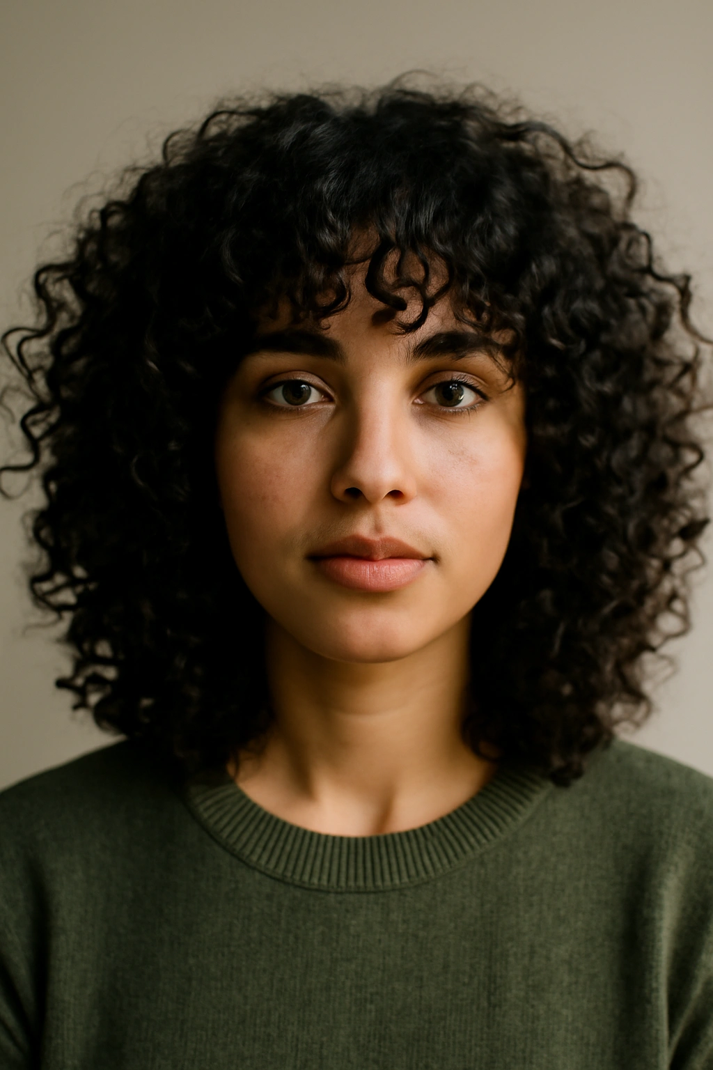 Close-up of curly fringe framing the face with defined texture