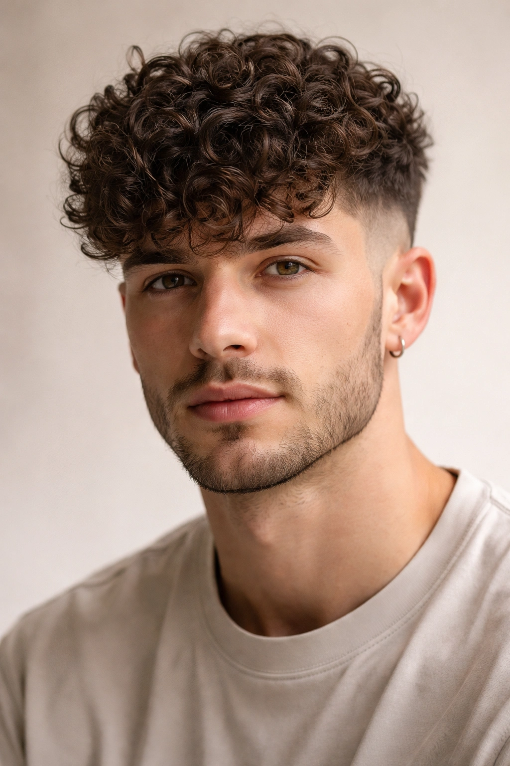 Front view of a man with curly fringe and fade showcasing natural curl texture
