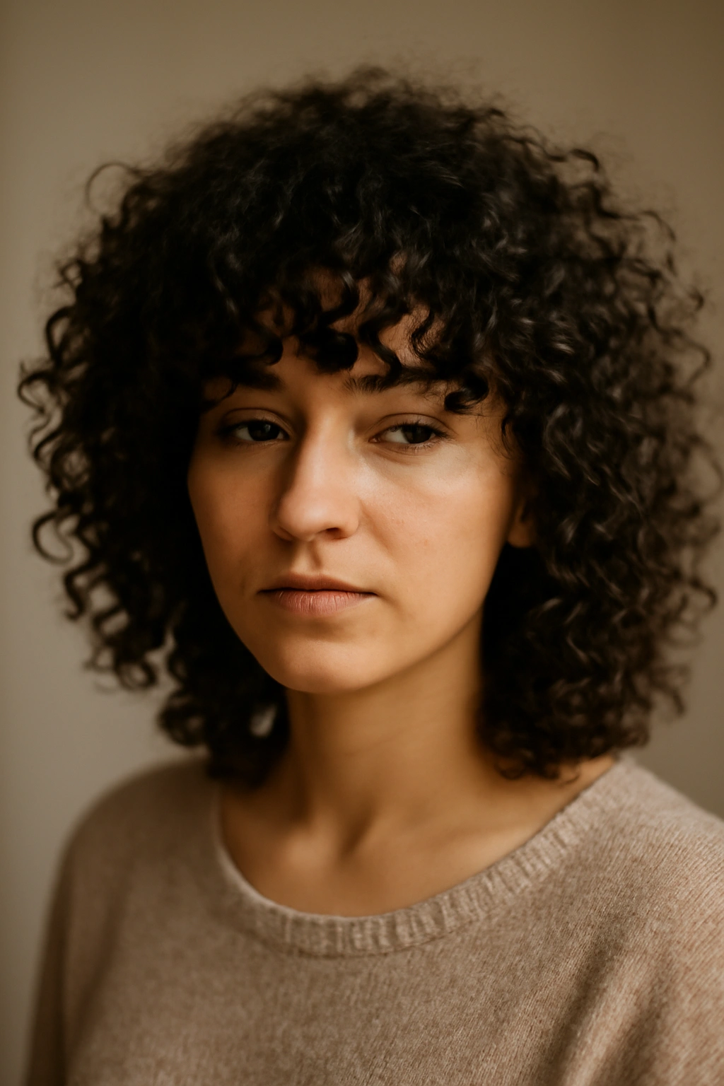 Portrait of a person with curly fringe, thoughtful expression, soft studio lighting highlighting curl texture