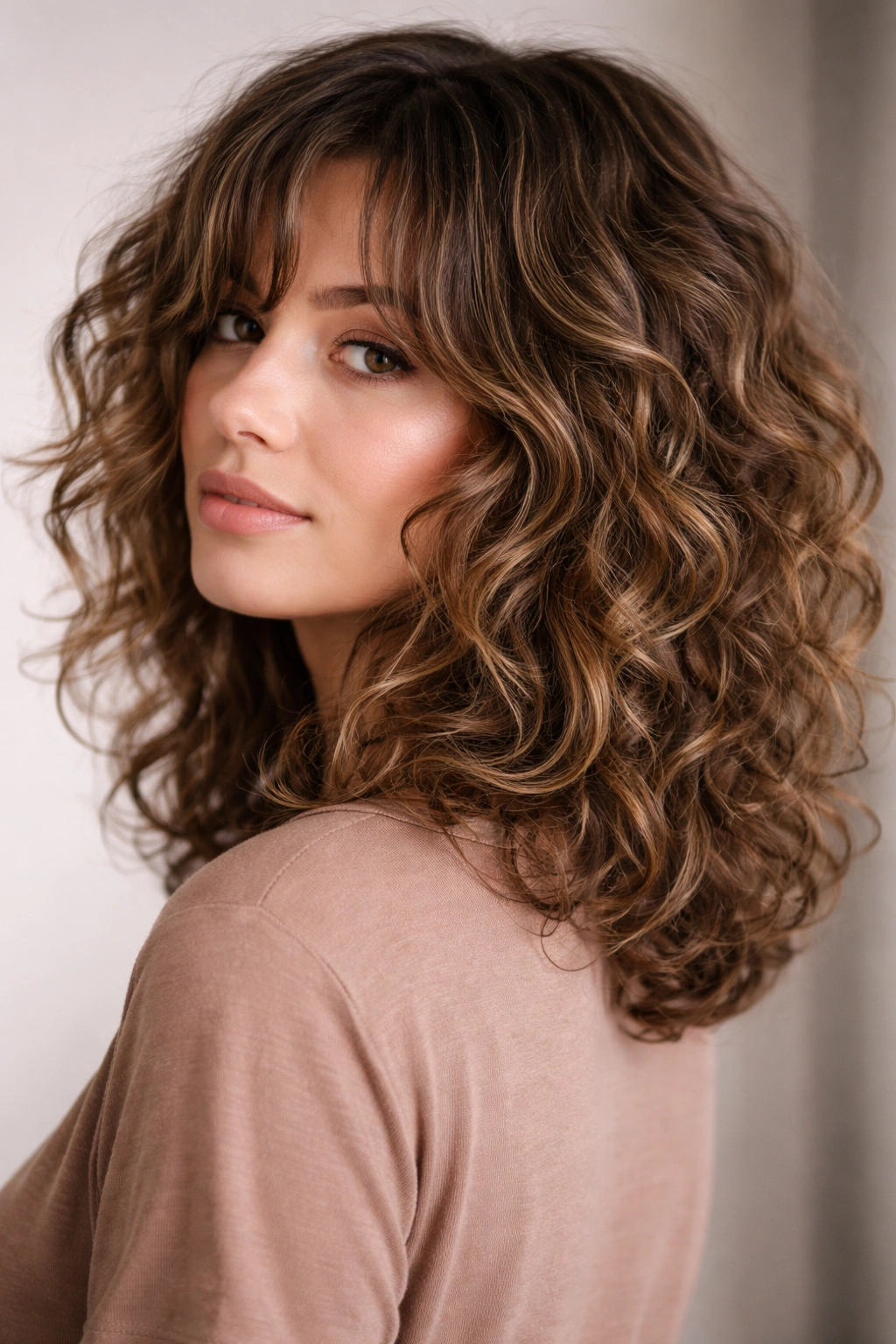 Close-up of medium curly hair with choppy layers for volume
