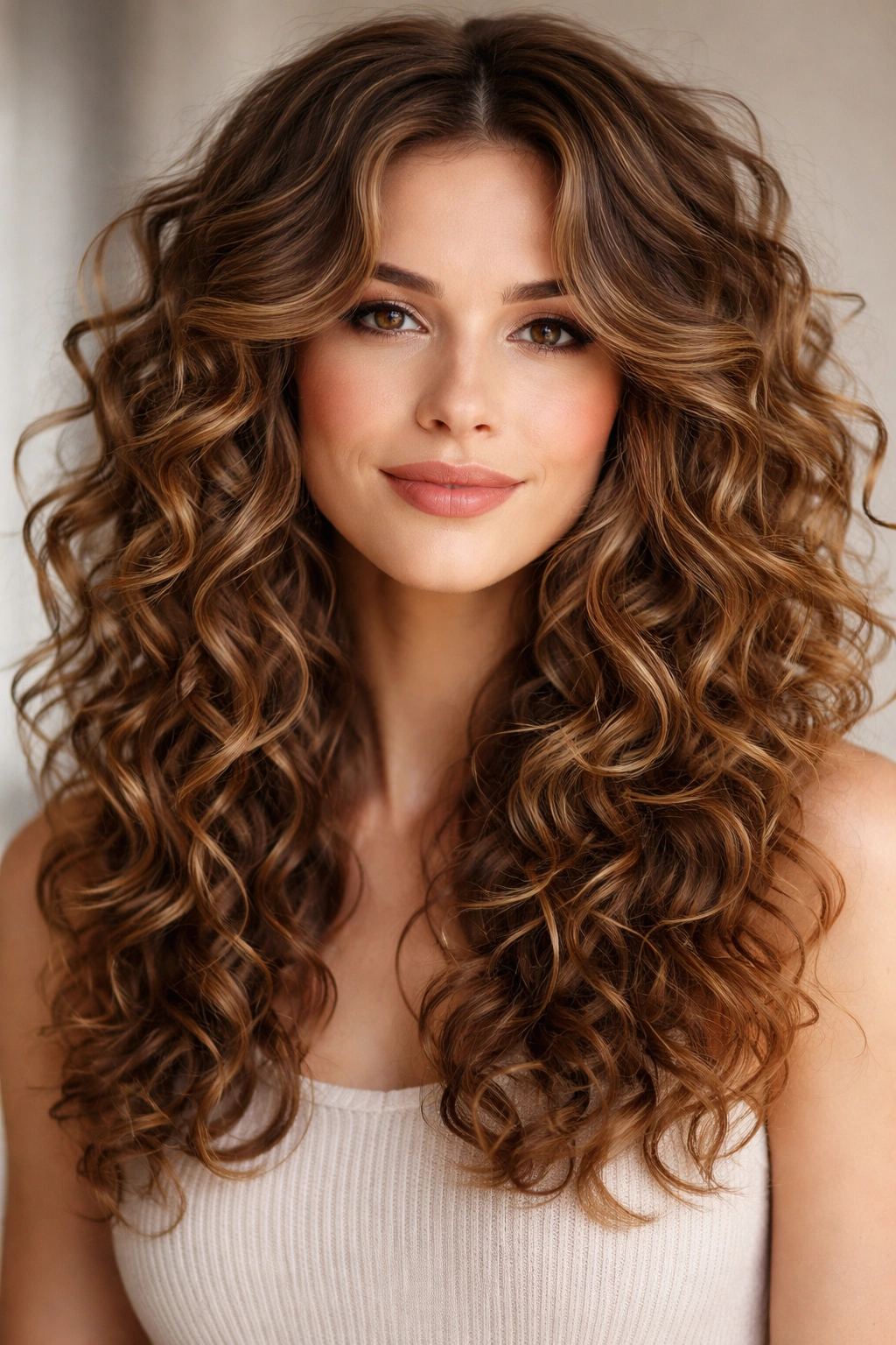 Voluminous curly hairstyle with face-framing layers and defined curls