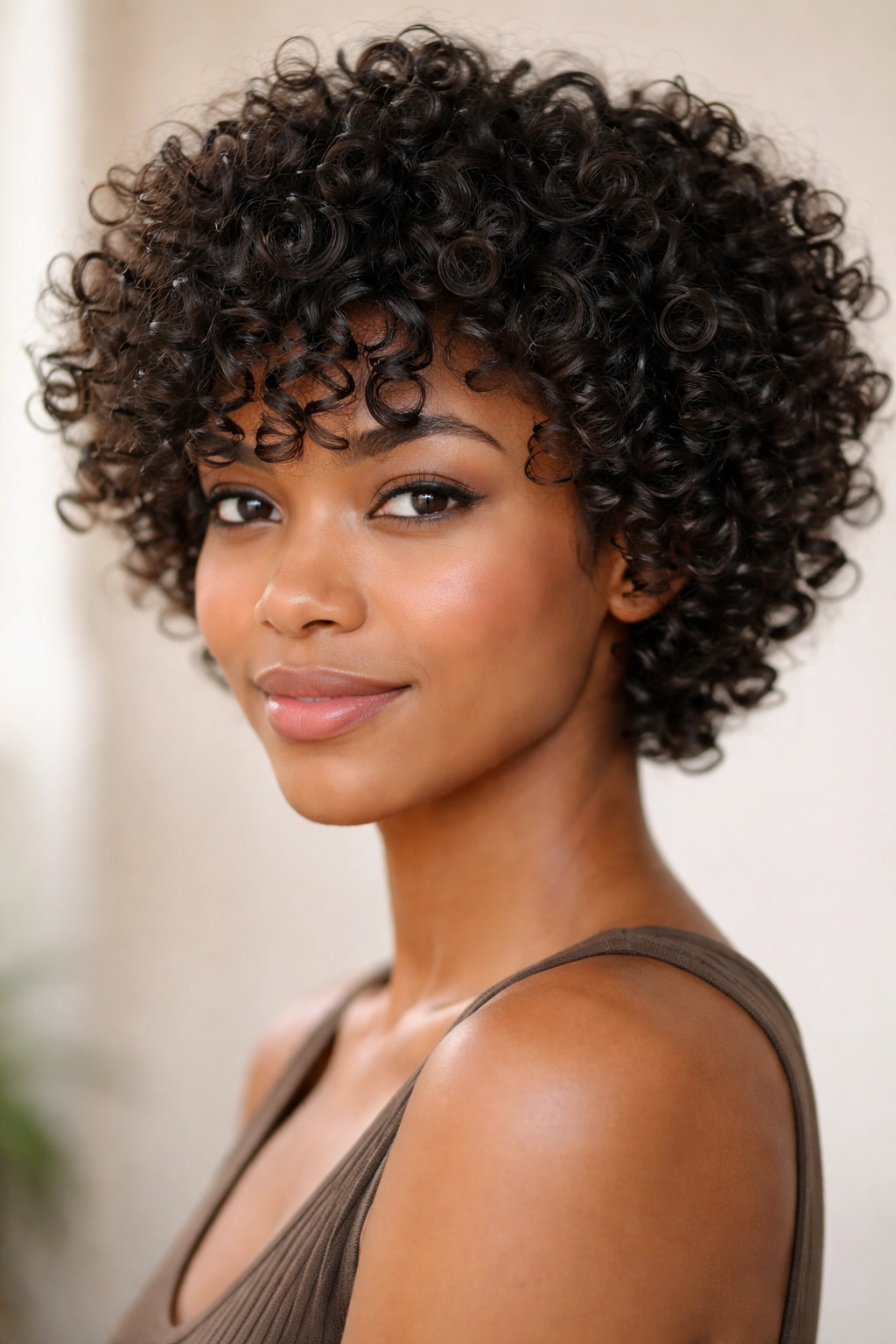 Close-up of natural curly/coily short layered hair showing defined curls and volume.