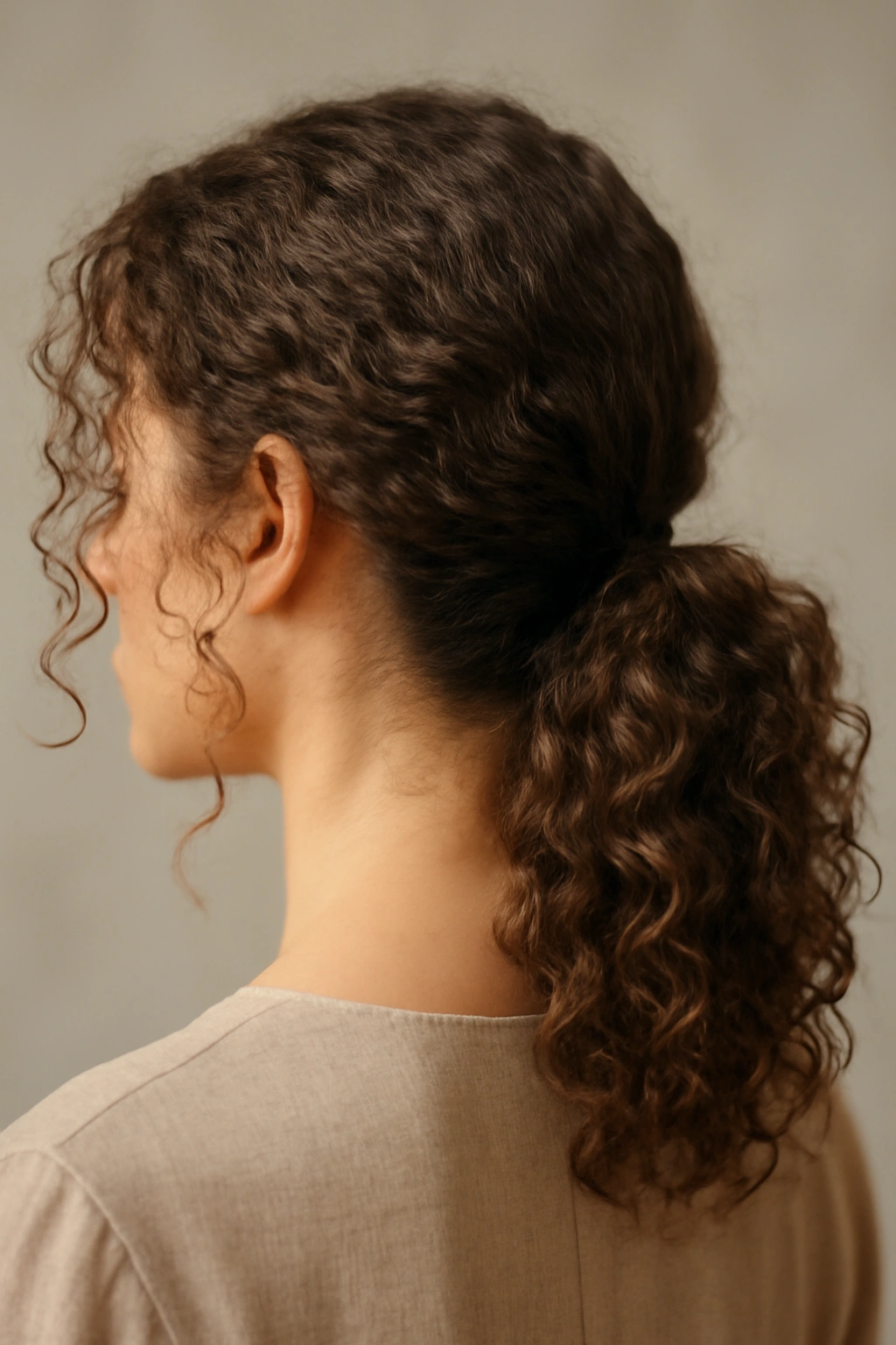 Close-up of a textured low ponytail on curly hair with face-framing curls in a neutral studio.
