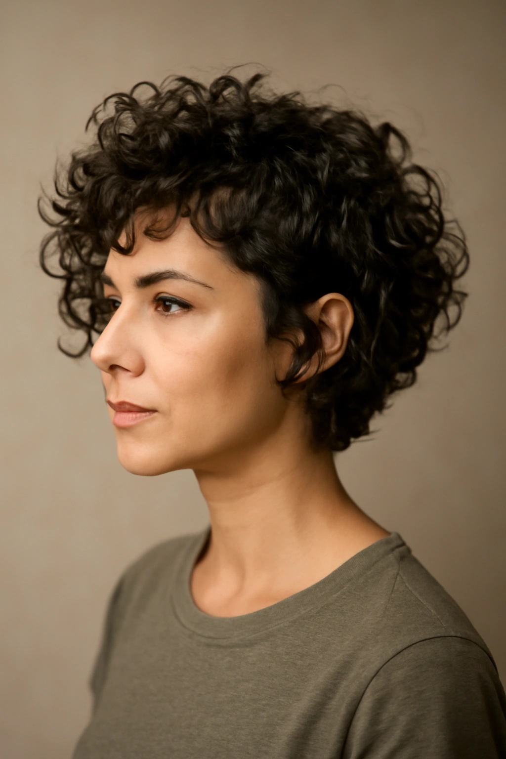 Close-up head-and-shoulders of a curly hair with a pixie-bob hybrid showing short top and longer back, defined curls.