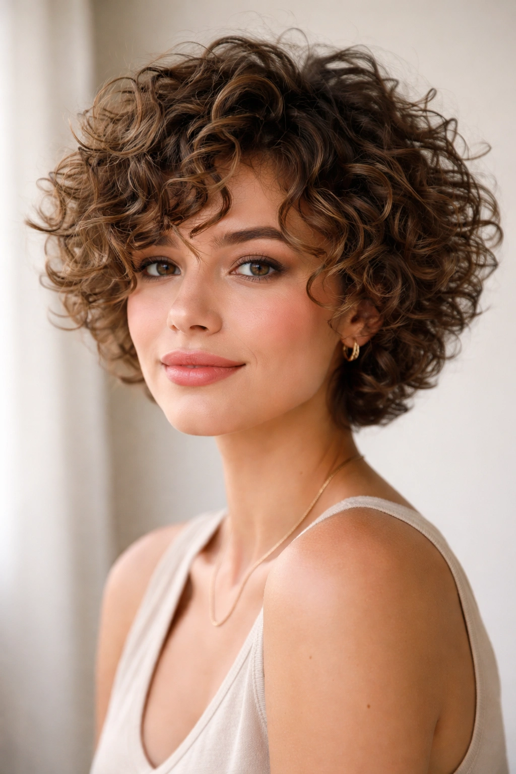 Close-up portrait of a person with short layered curly hair showing defined curls and natural texture