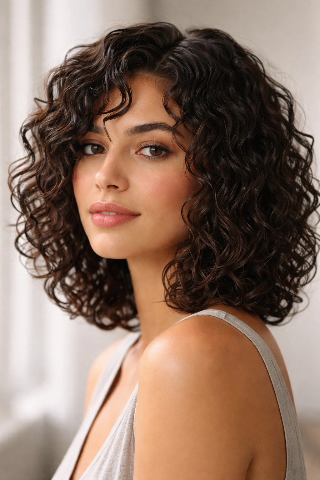 Shoulder-length curly bob with defined curls and a wet-look texture.