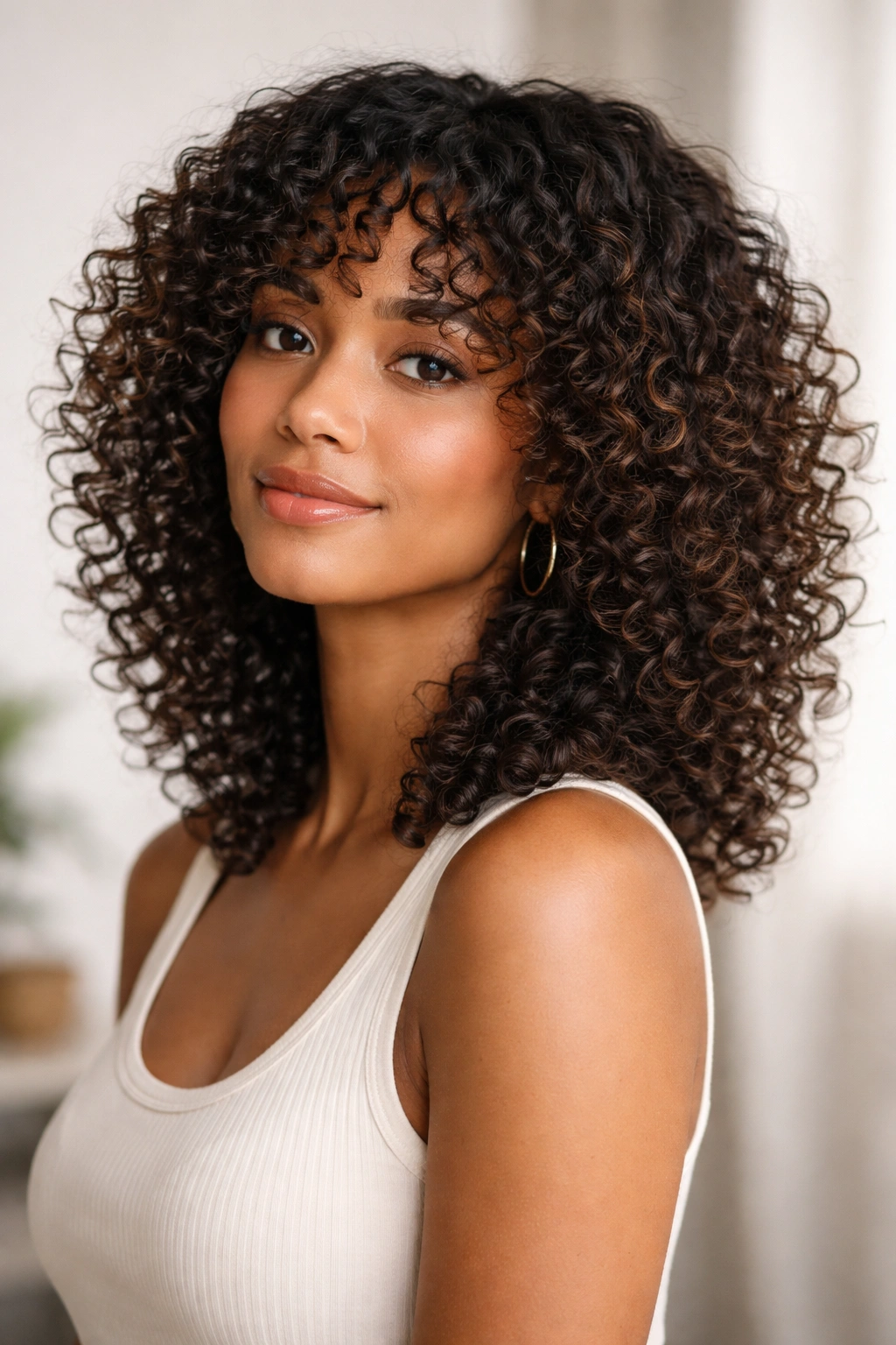 Close-up of shoulder-length curly hair with defined layers