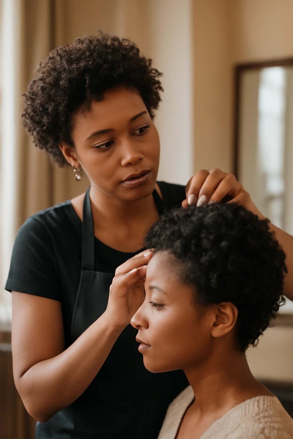 Stylist examining a client's curly hair in a salon to evaluate texture and curl pattern