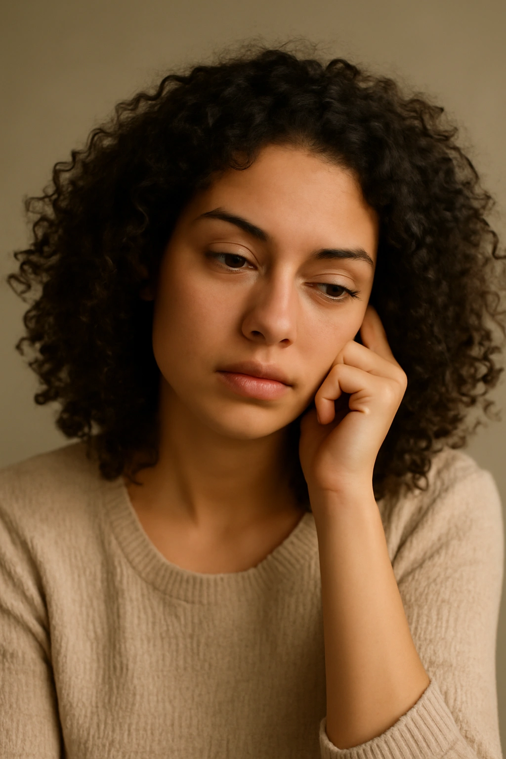 Contemplative portrait of a person with natural curly hair in a neutral studio