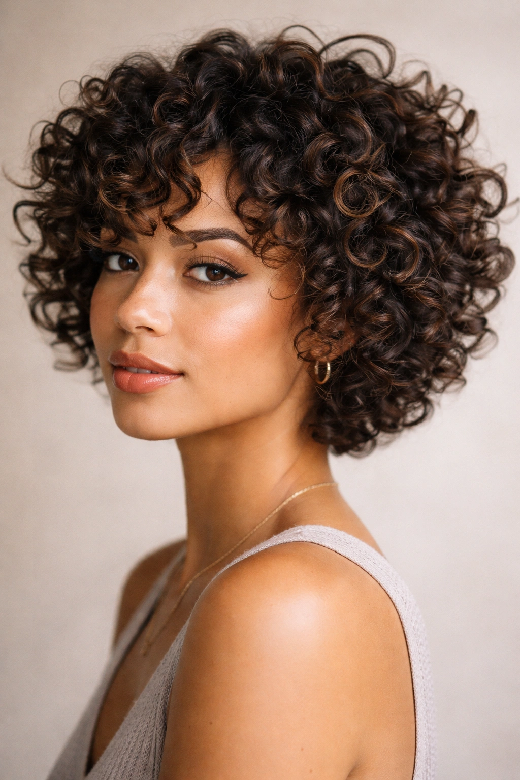 Close-up of short choppy curls with distinct spirals on type 3 curls