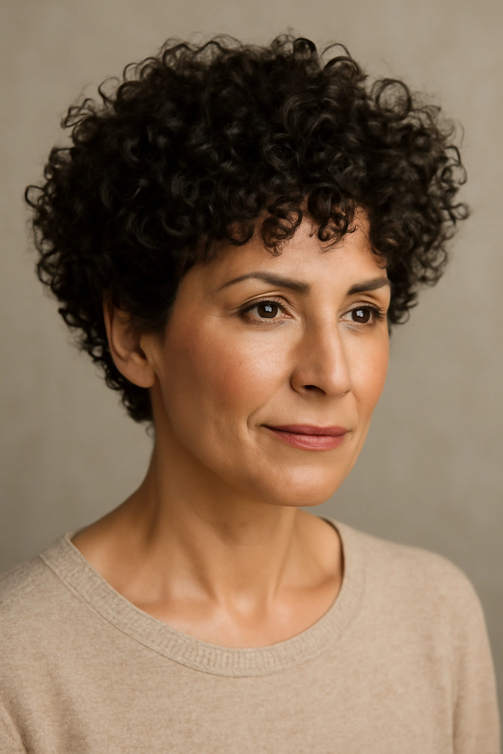 Short curly cropped cut with defined curls and volume