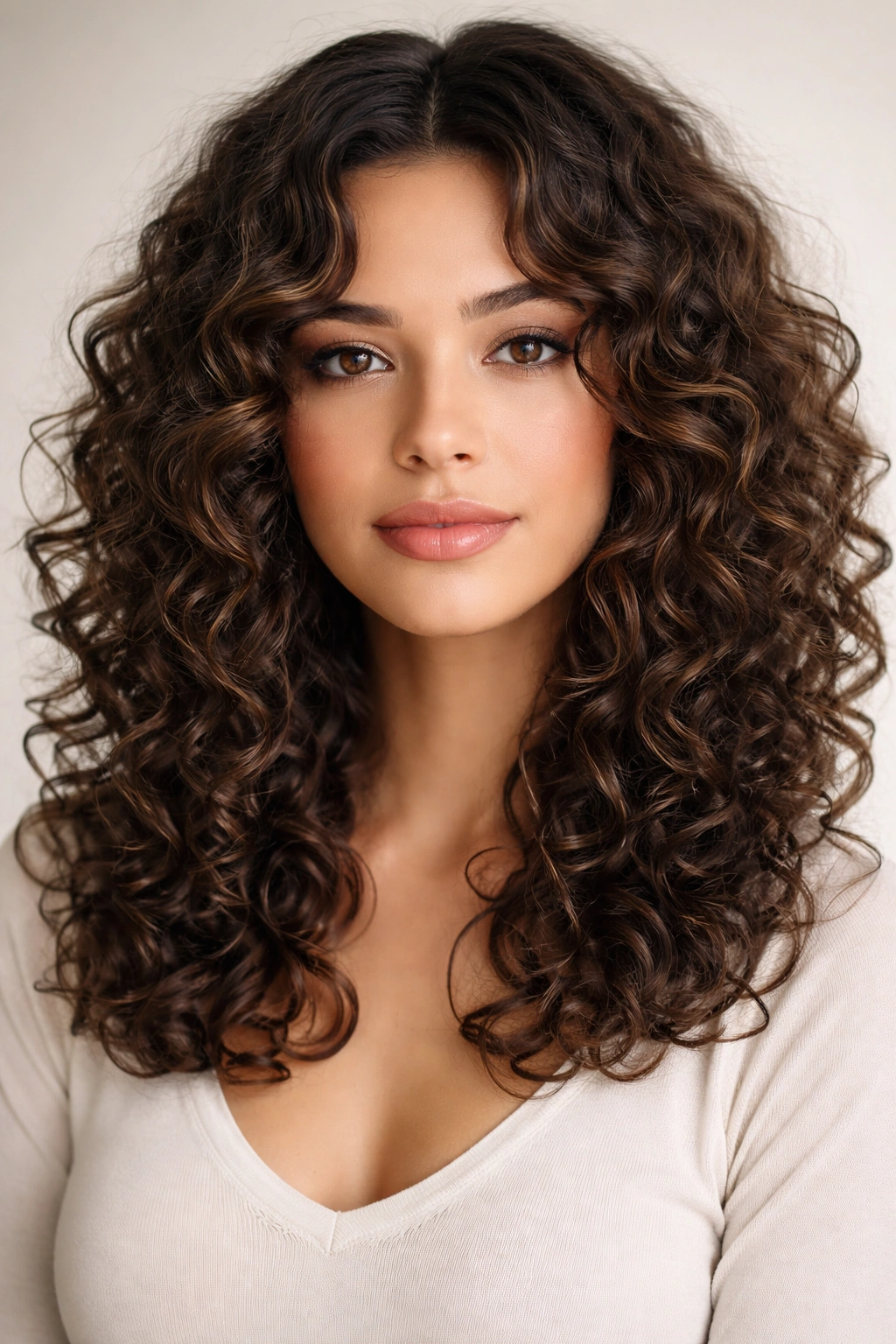 Center-parted curly hair with long front curtains framing the face