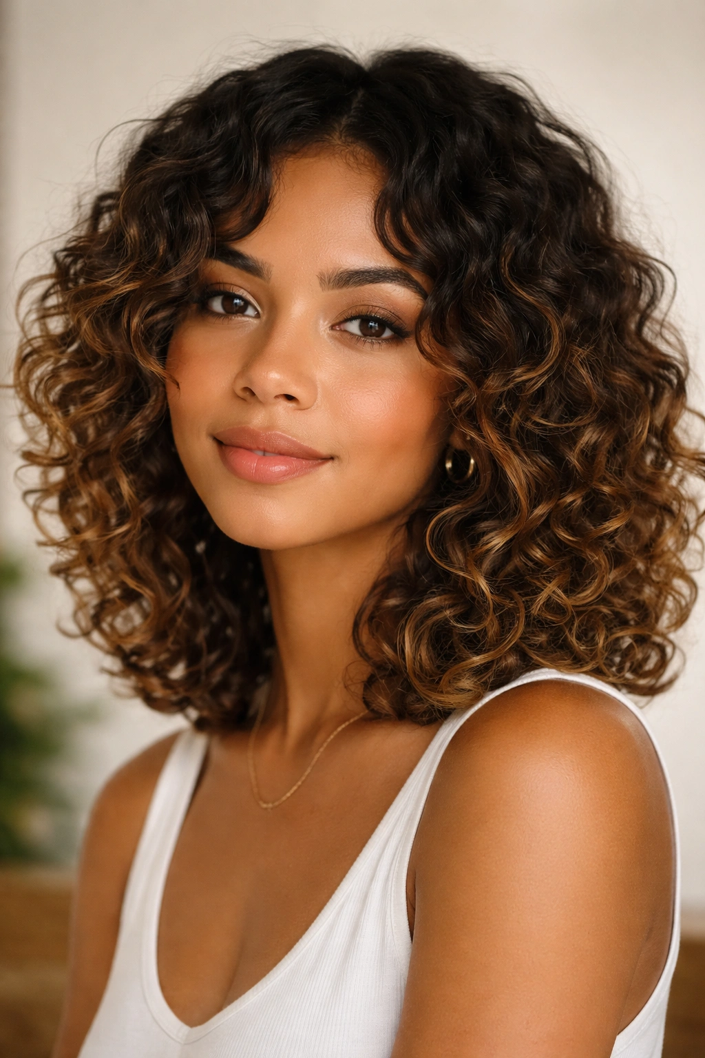 Close-up of shoulder-skimming curls with face-framing curtain pieces on type 3 curls