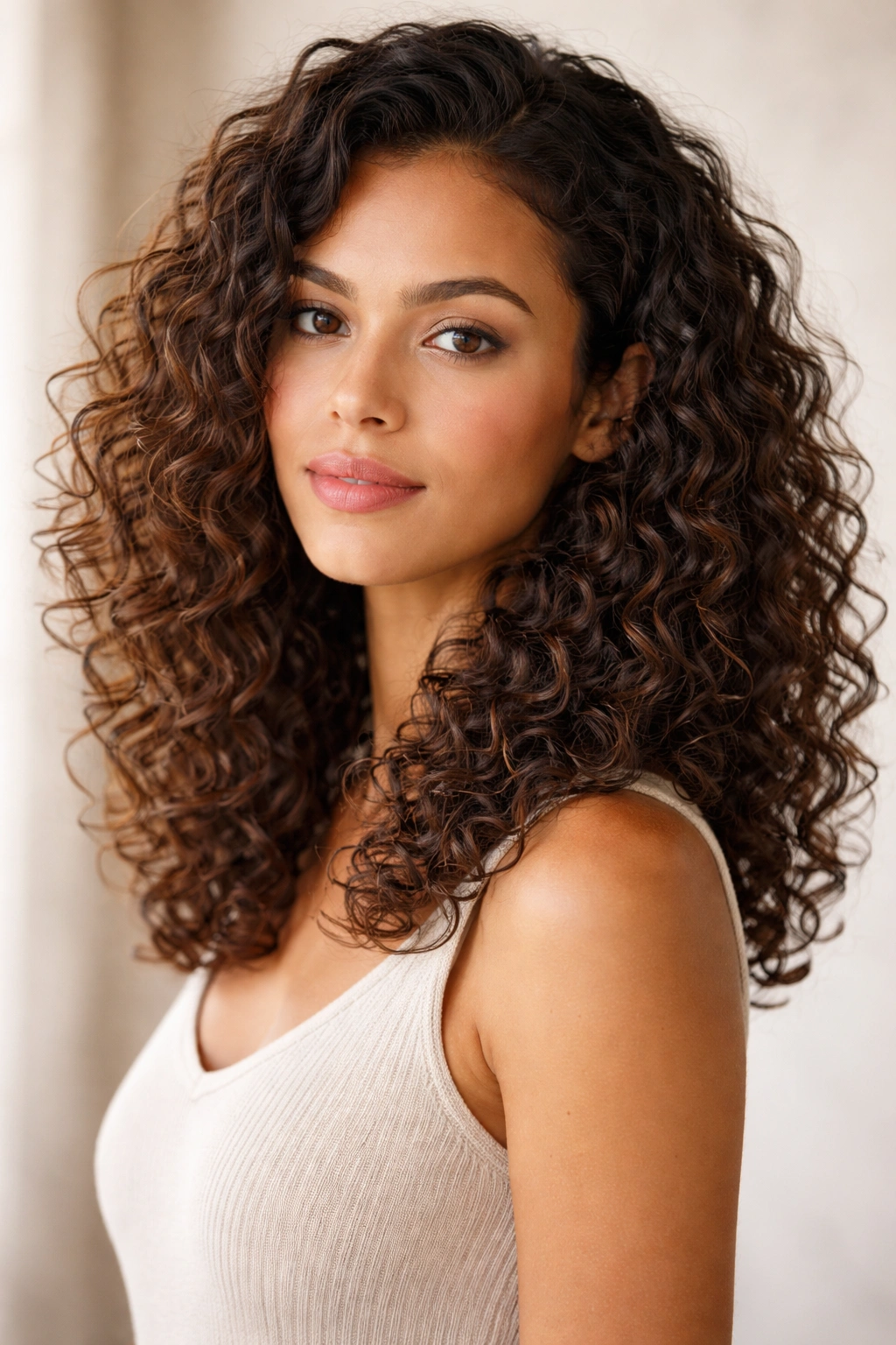 Curly lob hair extending below shoulders with subtle layering
