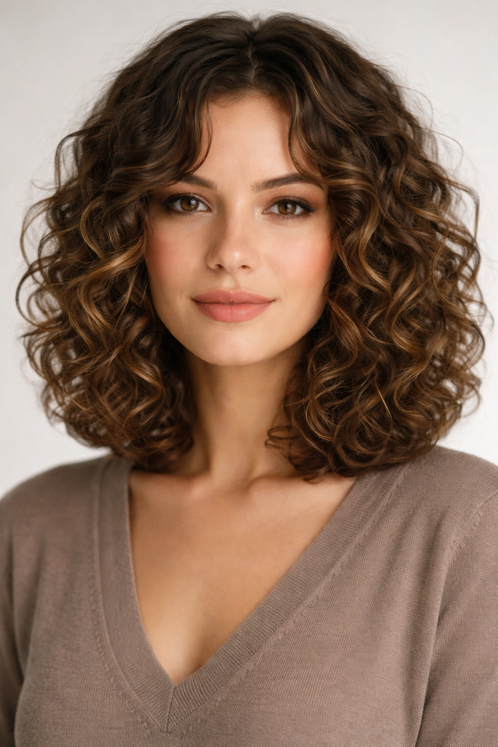 Portrait of a curly lob showing shoulder-to-chin length and defined curls