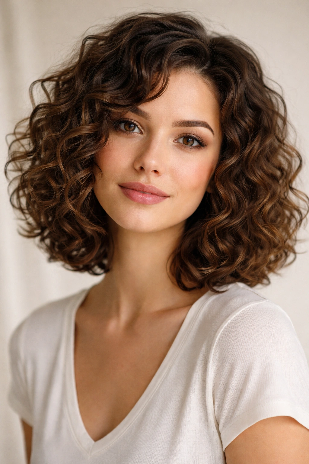 Portrait of a person with a curly lob showing chin-length curls and layering.