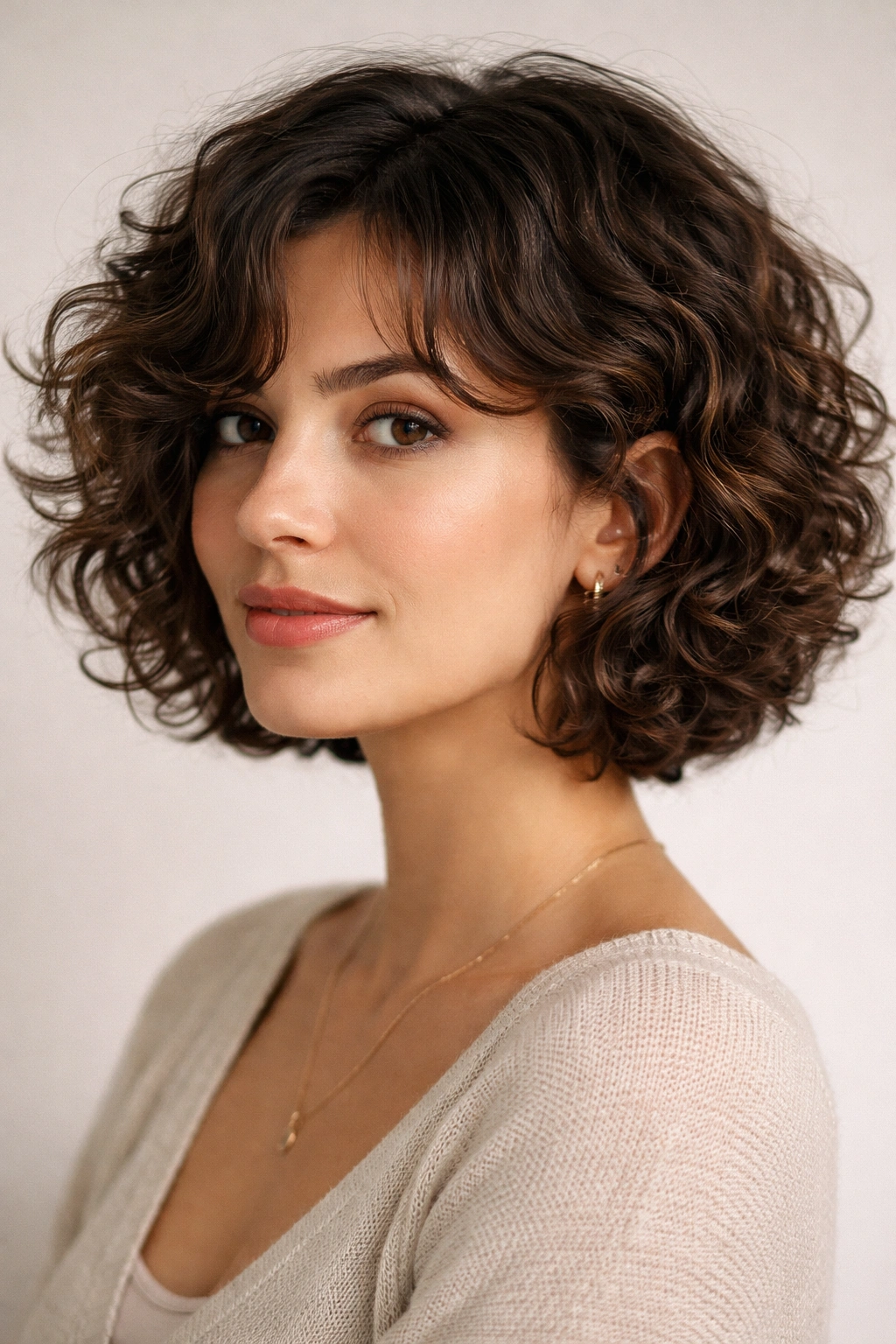 Head-and-shoulders shot of short curly lob with layered curls