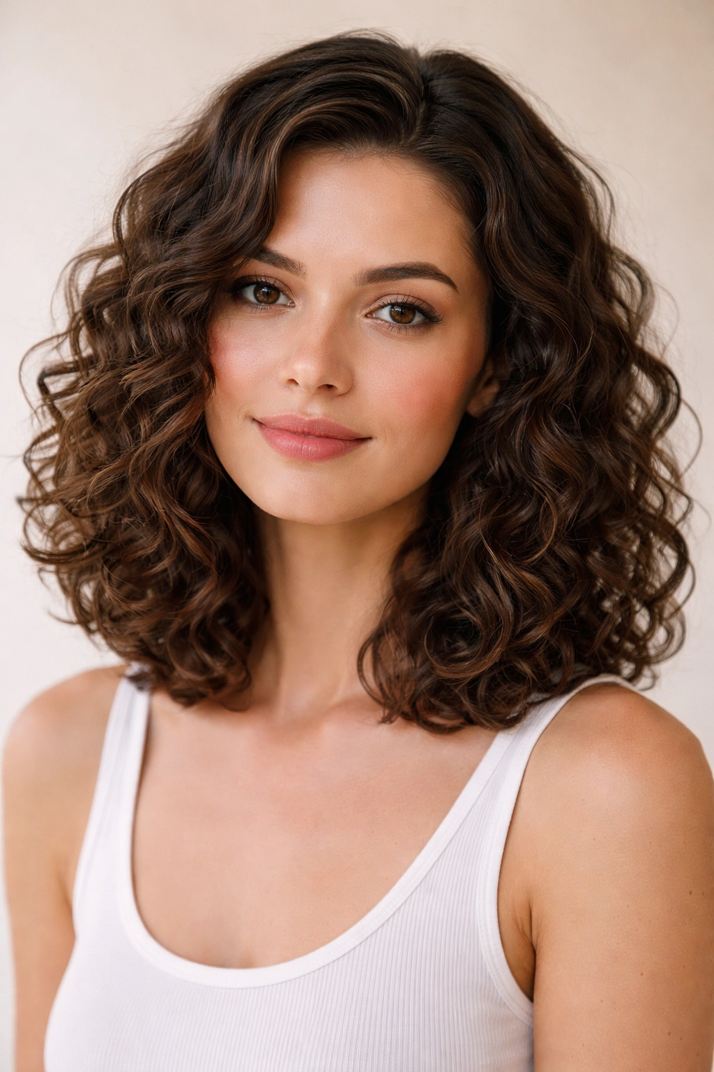 Classic shoulder-length curly lob with defined curls and subtle highlights