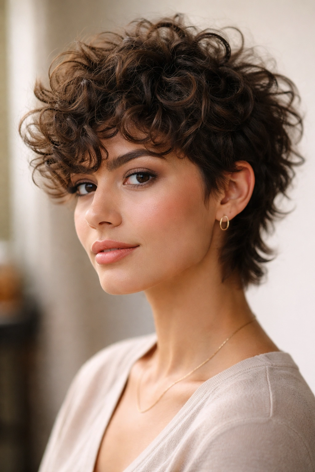 Close-up portrait of a person with a curly textured mixie haircut highlighting layered curls.