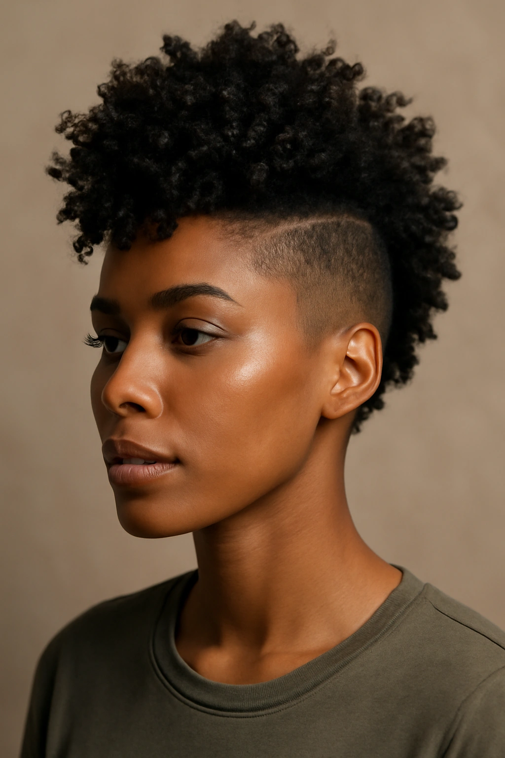 Portrait of a Black woman with a curly mohawk fade