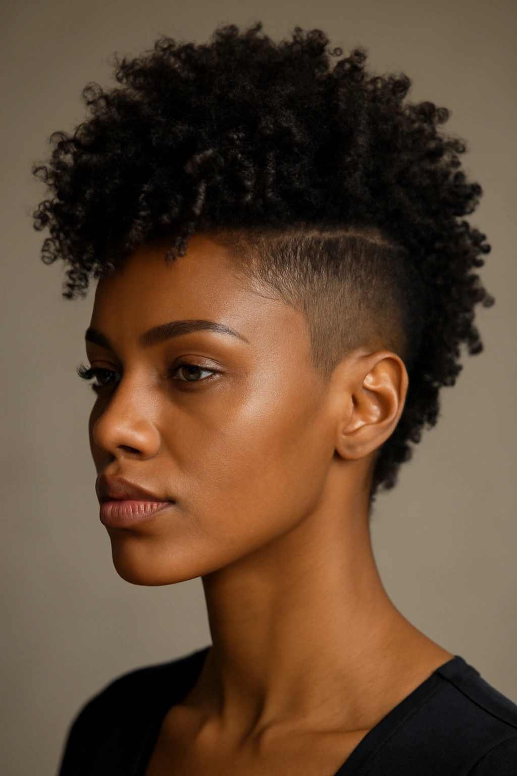Close-up portrait of a person with a tall curly mohawk featuring a center column of voluminous curls and faded sides