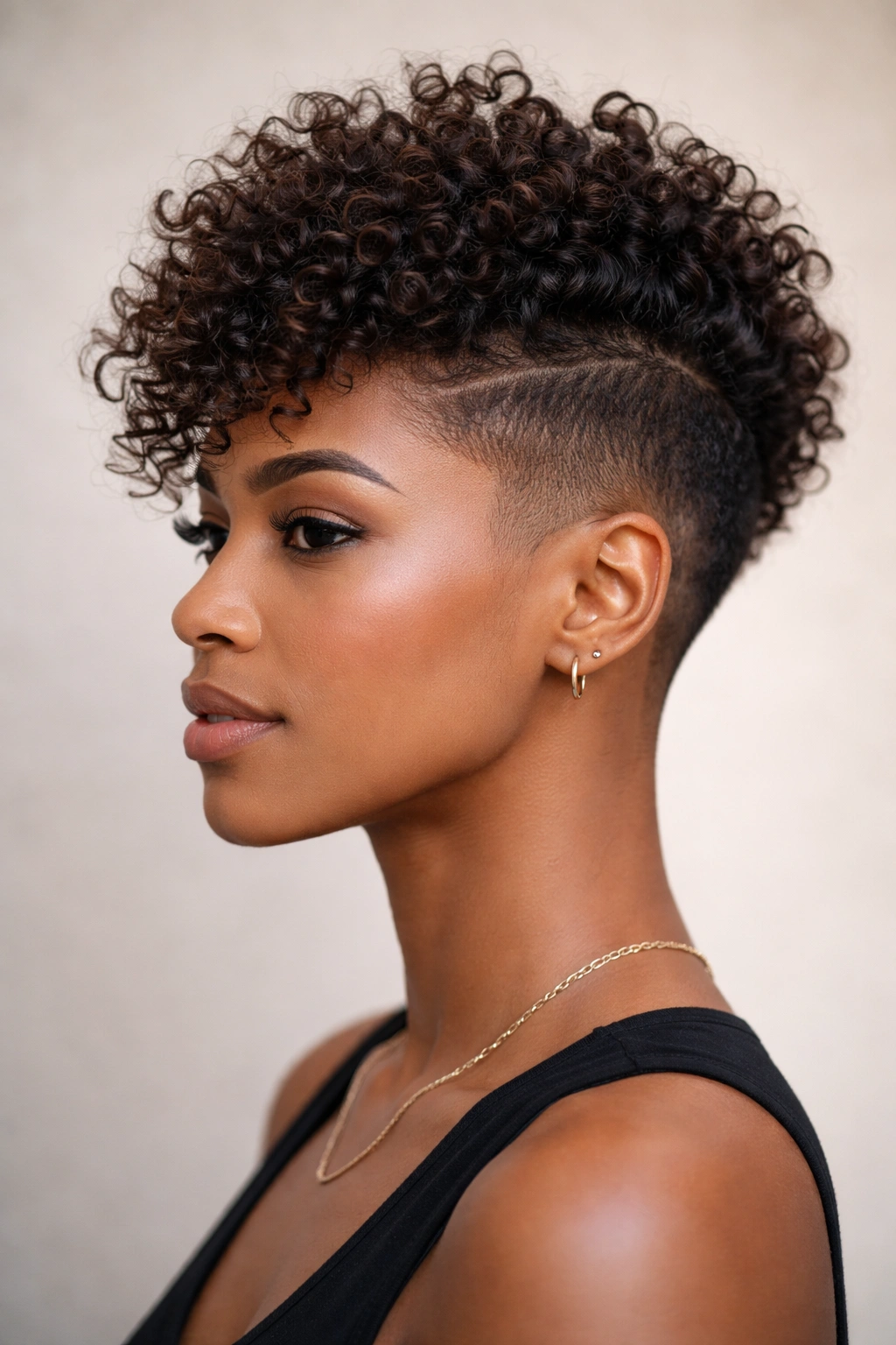 Close-up portrait of a person with curly mohawk and tapered sides