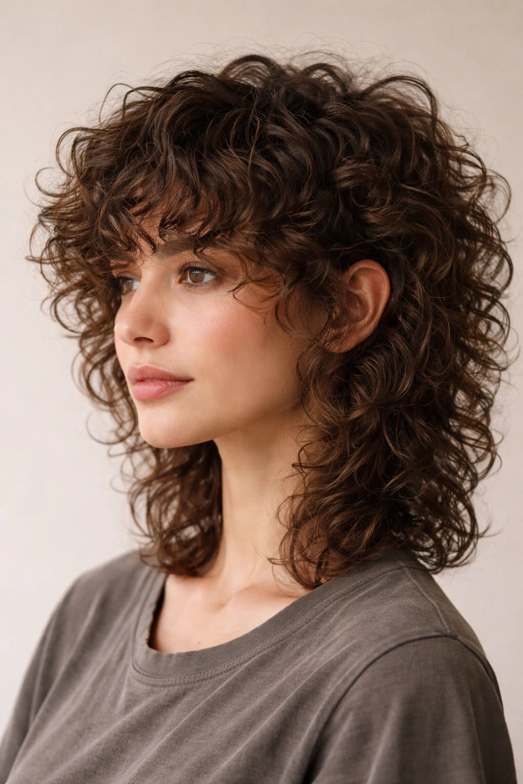 Close-up of curly mullet bob hairstyle with layered front and longer back, highly textured curls