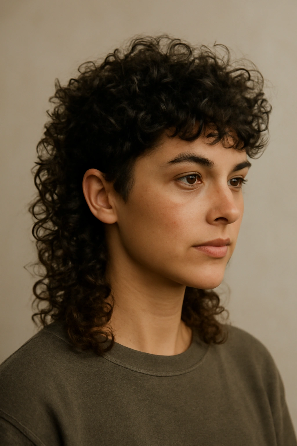 Curly mullet with defined curls on top and longer back