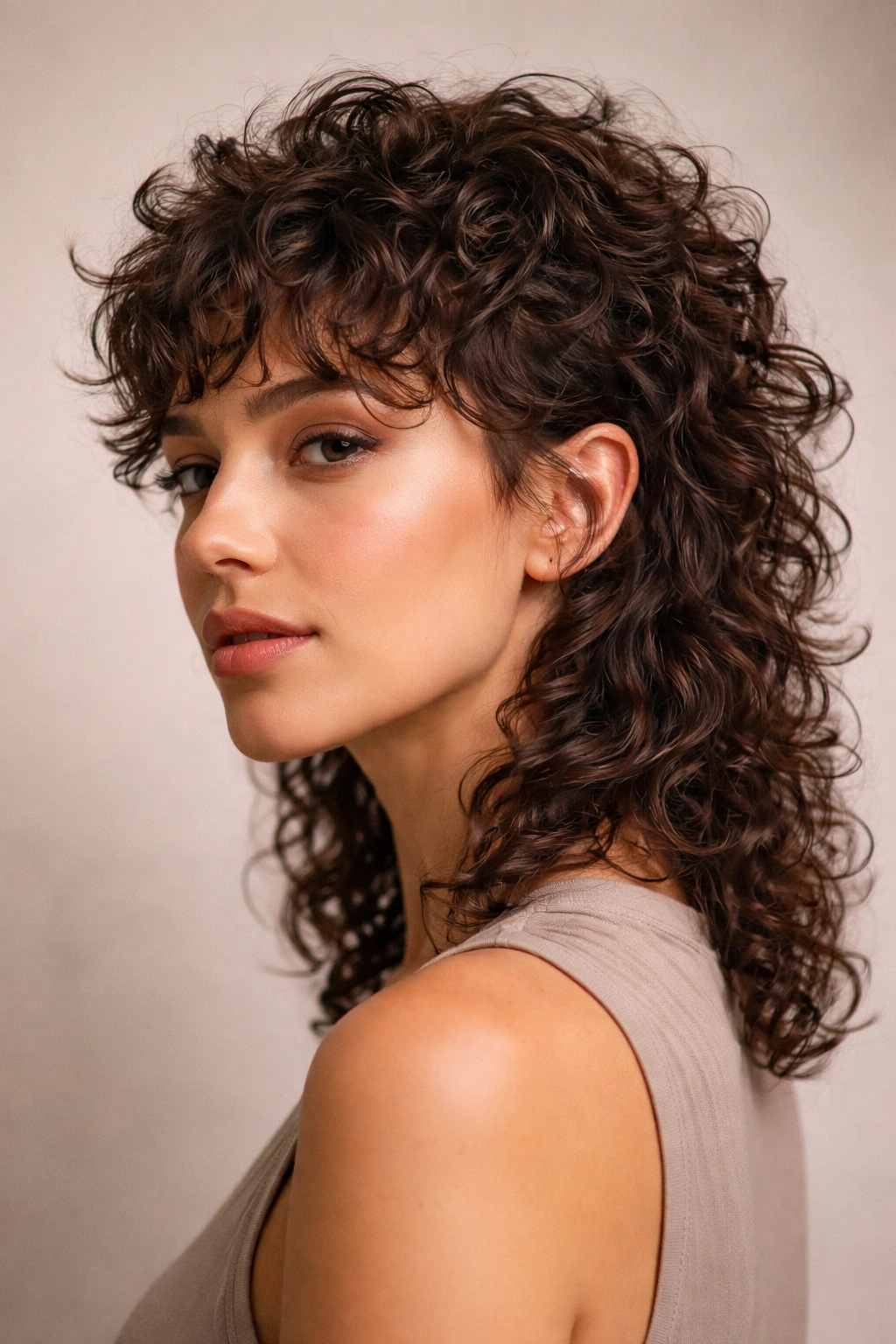 Close-up portrait of a person with a modern curly mullet showing short textured front and longer back curls