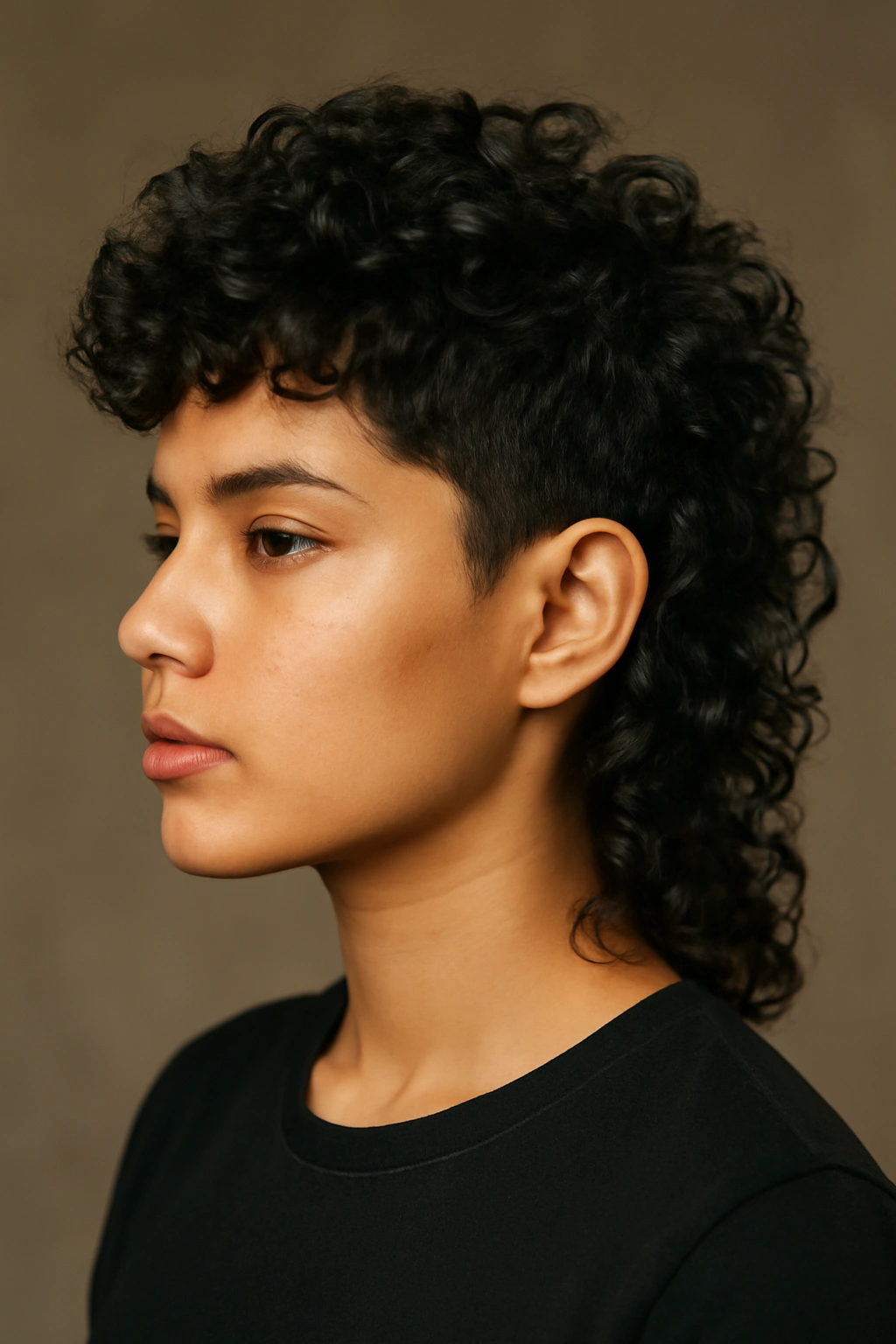 Latina woman with a modern curly mullet featuring a shorter front and longer back.